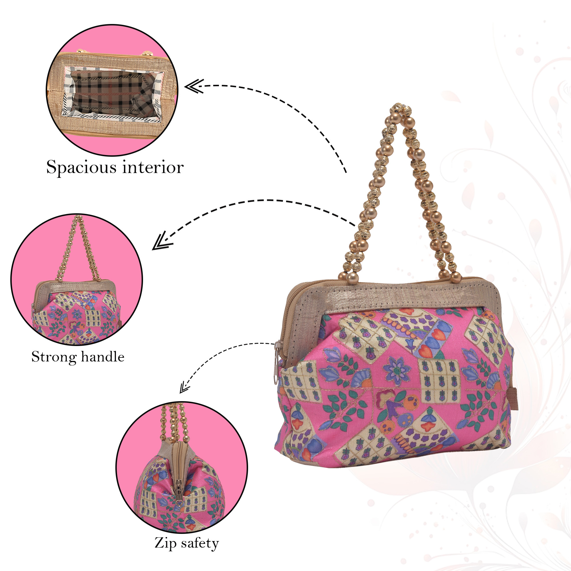 Kuber Industries Small Handbag for Women  Girls  Double Handle Bag  Slim  Travel Friendly Ladies Purse  Flower Embroidery - Pink