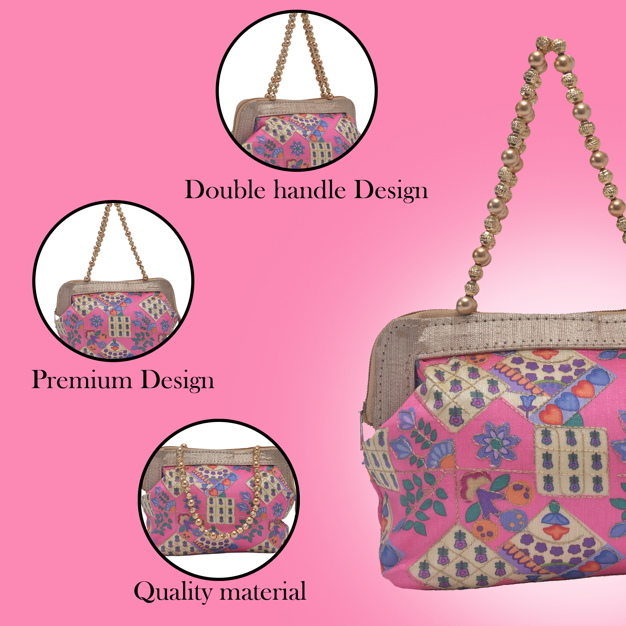 Kuber Industries Small Handbag for Women  Girls  Double Handle Bag  Slim  Travel Friendly Ladies Purse  Flower Embroidery - Pink