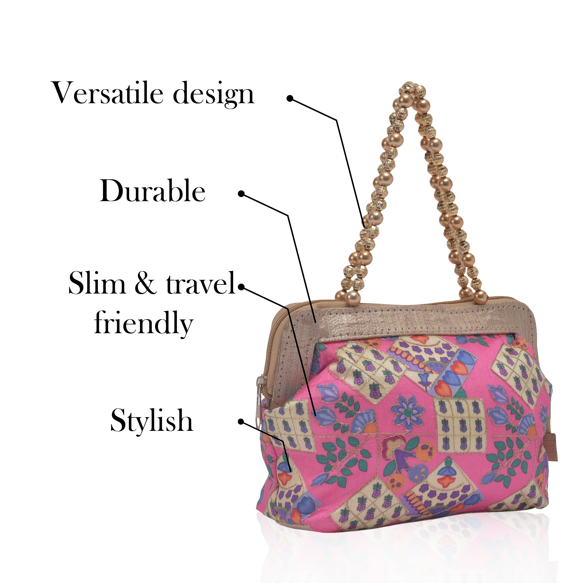 Kuber Industries Small Handbag for Women  Girls  Double Handle Bag  Slim  Travel Friendly Ladies Purse  Flower Embroidery - Pink