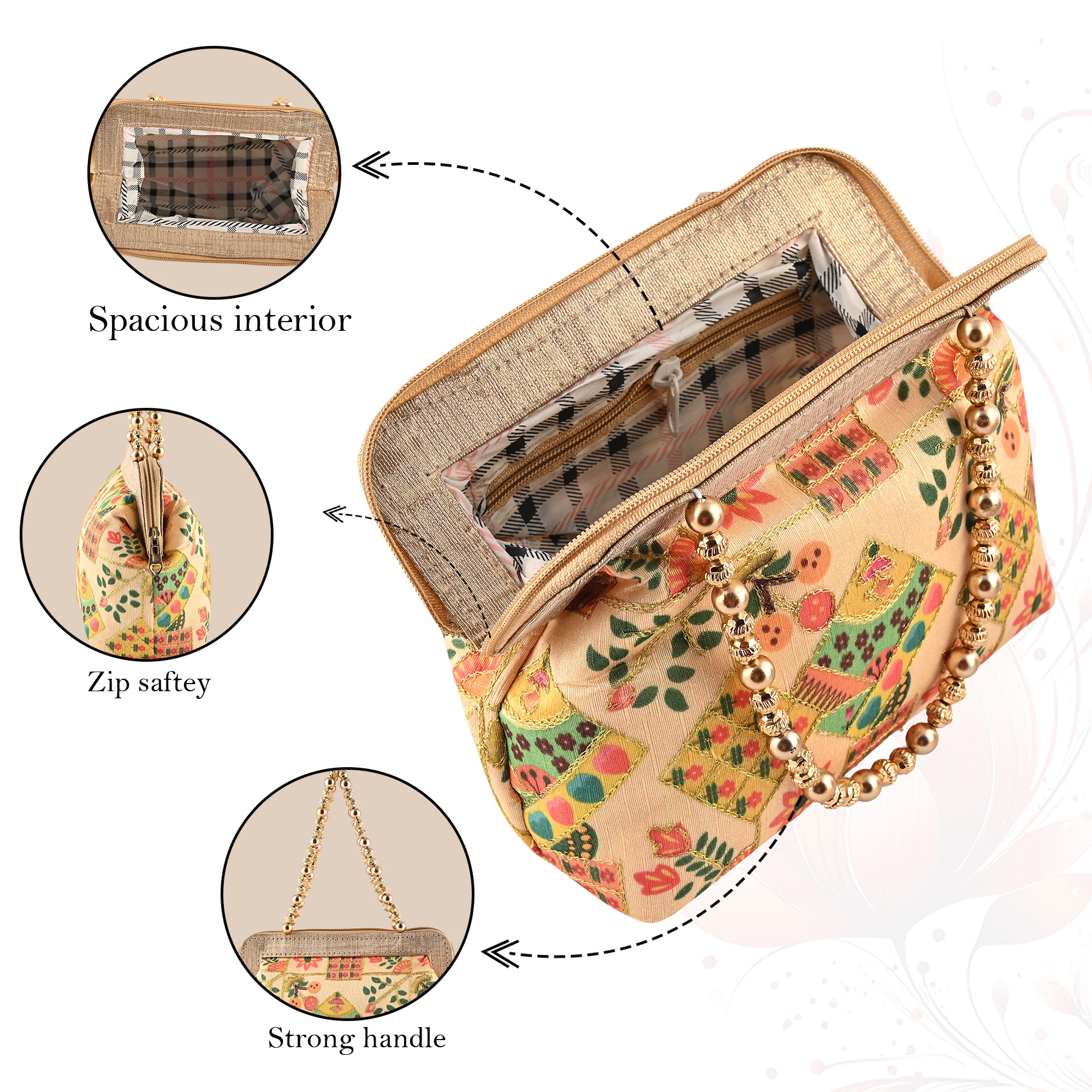 Kuber Industries Small Handbag for Women  Girls  Double Handle Bag  Slim  Travel Friendly Ladies Purse  Flower Embroidery - Cream