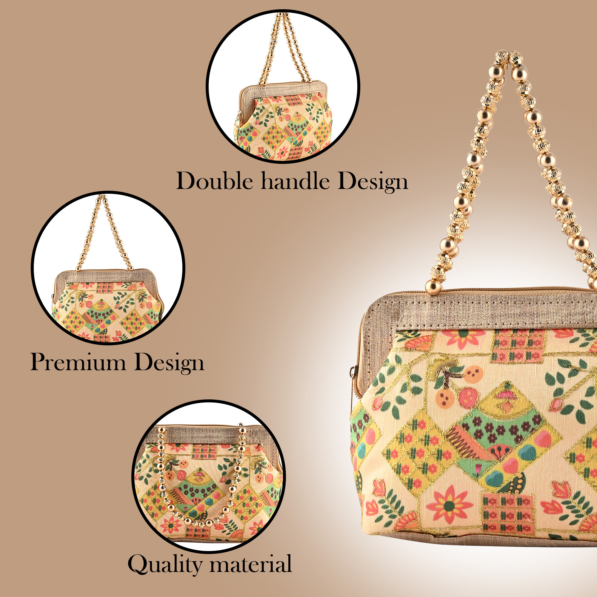 Kuber Industries Small Handbag for Women  Girls  Double Handle Bag  Slim  Travel Friendly Ladies Purse  Flower Embroidery - Cream