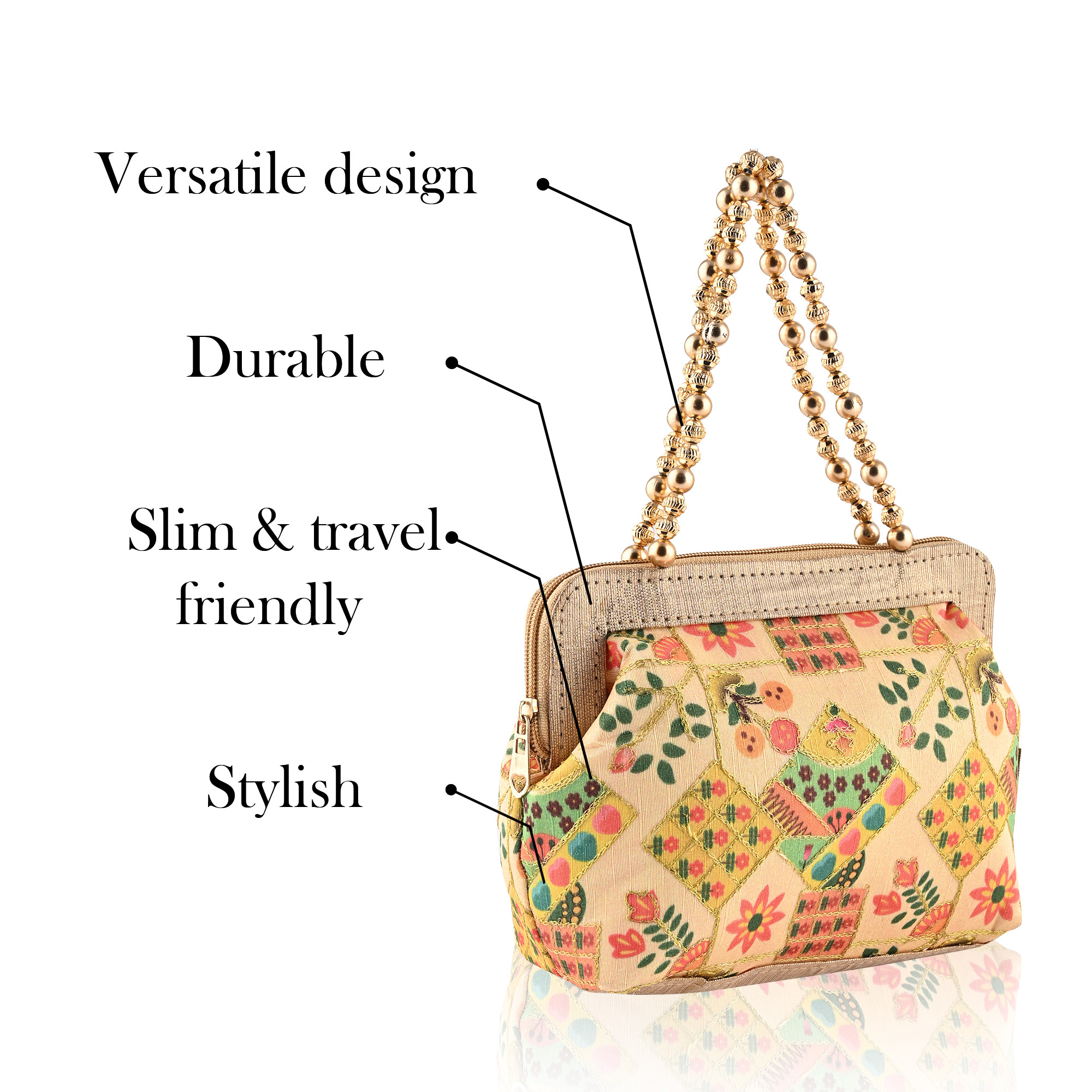 Kuber Industries Small Handbag for Women  Girls  Double Handle Bag  Slim  Travel Friendly Ladies Purse  Flower Embroidery - Cream