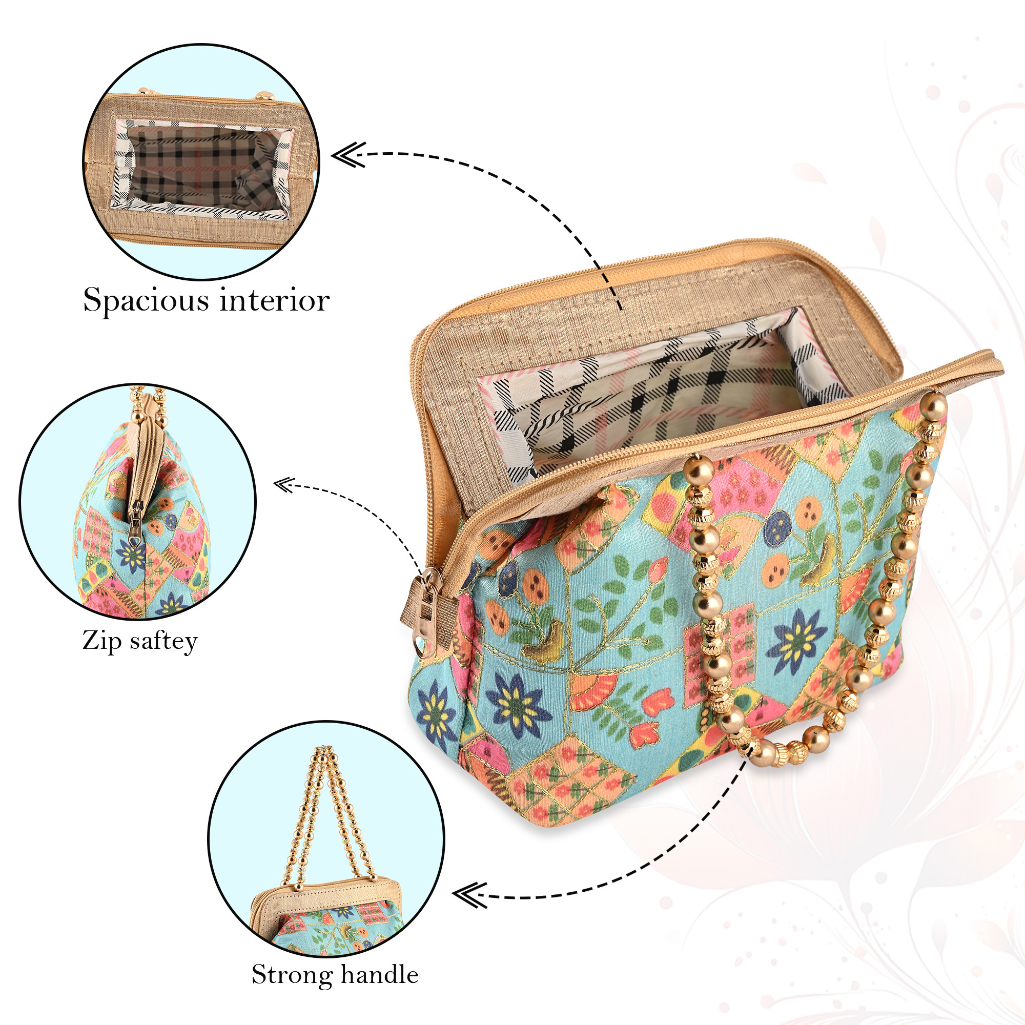 Kuber Industries Small Handbag for Women  Girls  Double Handle Bag  Slim  Travel Friendly Ladies Purse  Flower Embroidery - Sky Blue