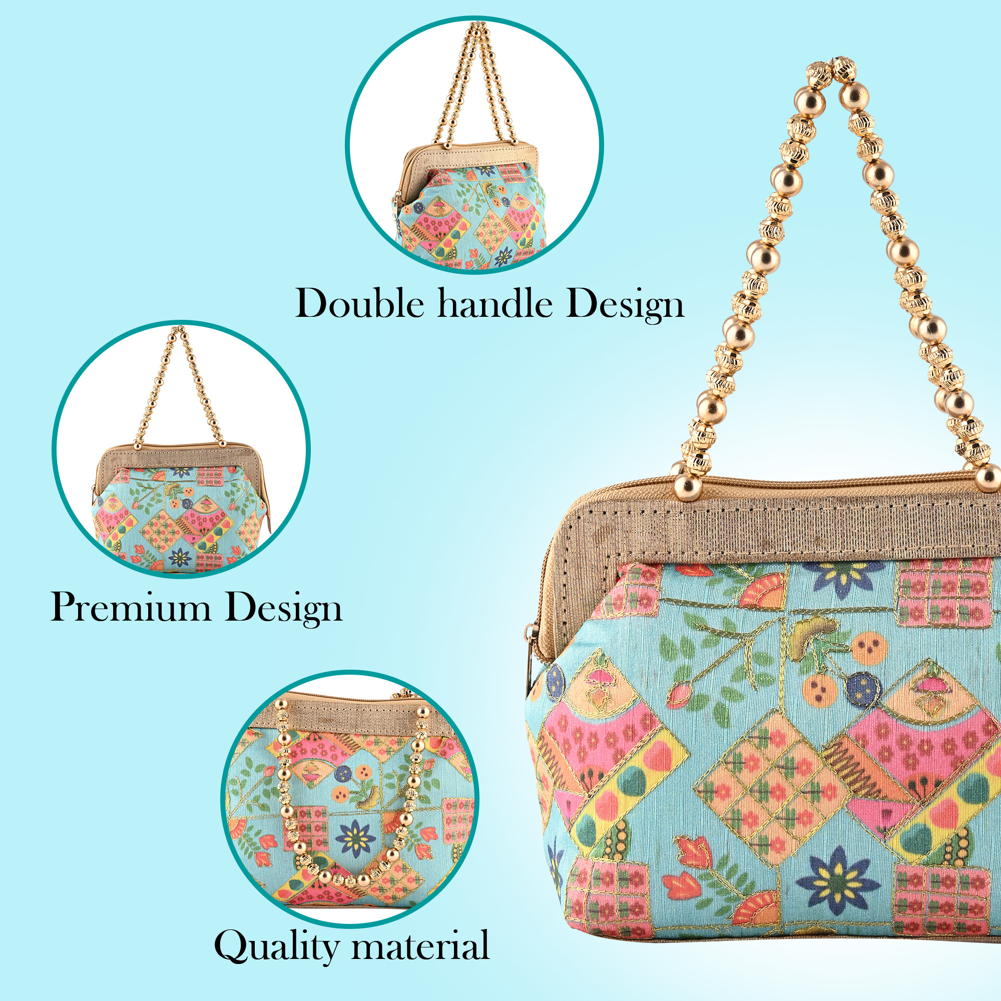 Kuber Industries Small Handbag for Women  Girls  Double Handle Bag  Slim  Travel Friendly Ladies Purse  Flower Embroidery - Sky Blue