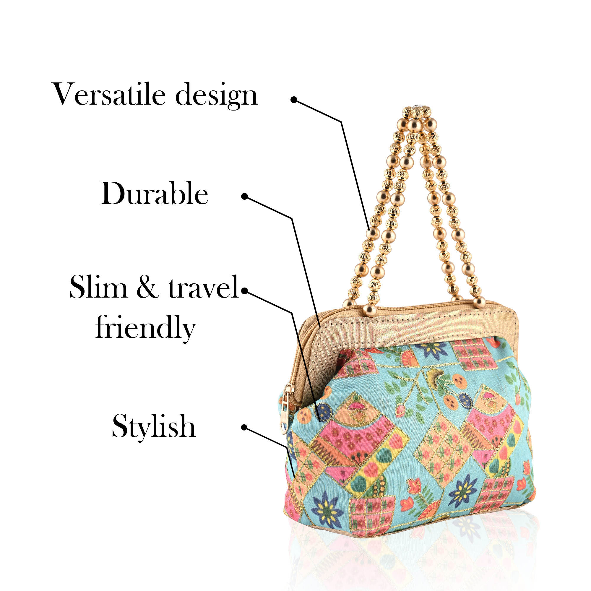 Kuber Industries Small Handbag for Women  Girls  Double Handle Bag  Slim  Travel Friendly Ladies Purse  Flower Embroidery - Sky Blue