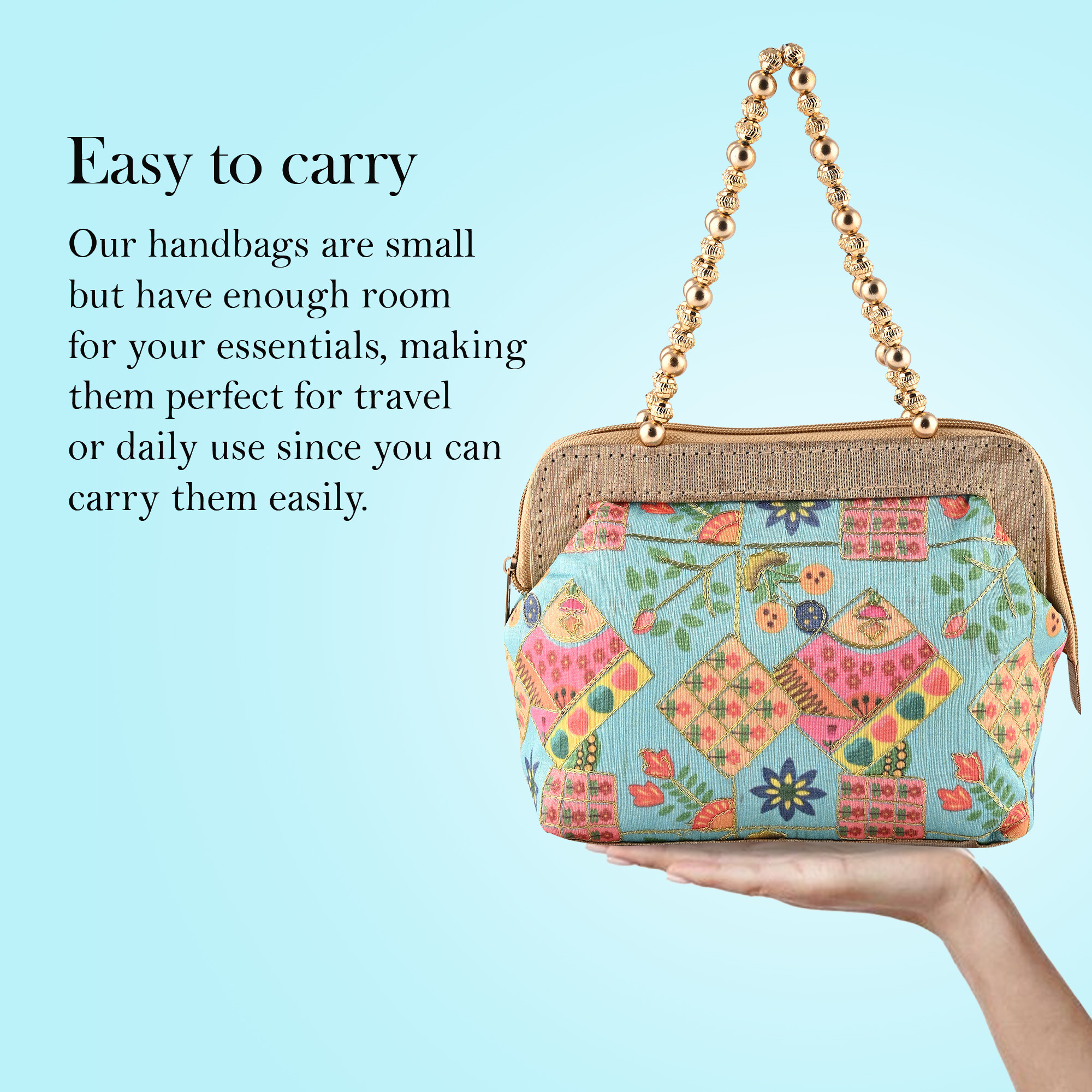 Kuber Industries Small Handbag for Women  Girls  Double Handle Bag  Slim  Travel Friendly Ladies Purse  Flower Embroidery - Sky Blue