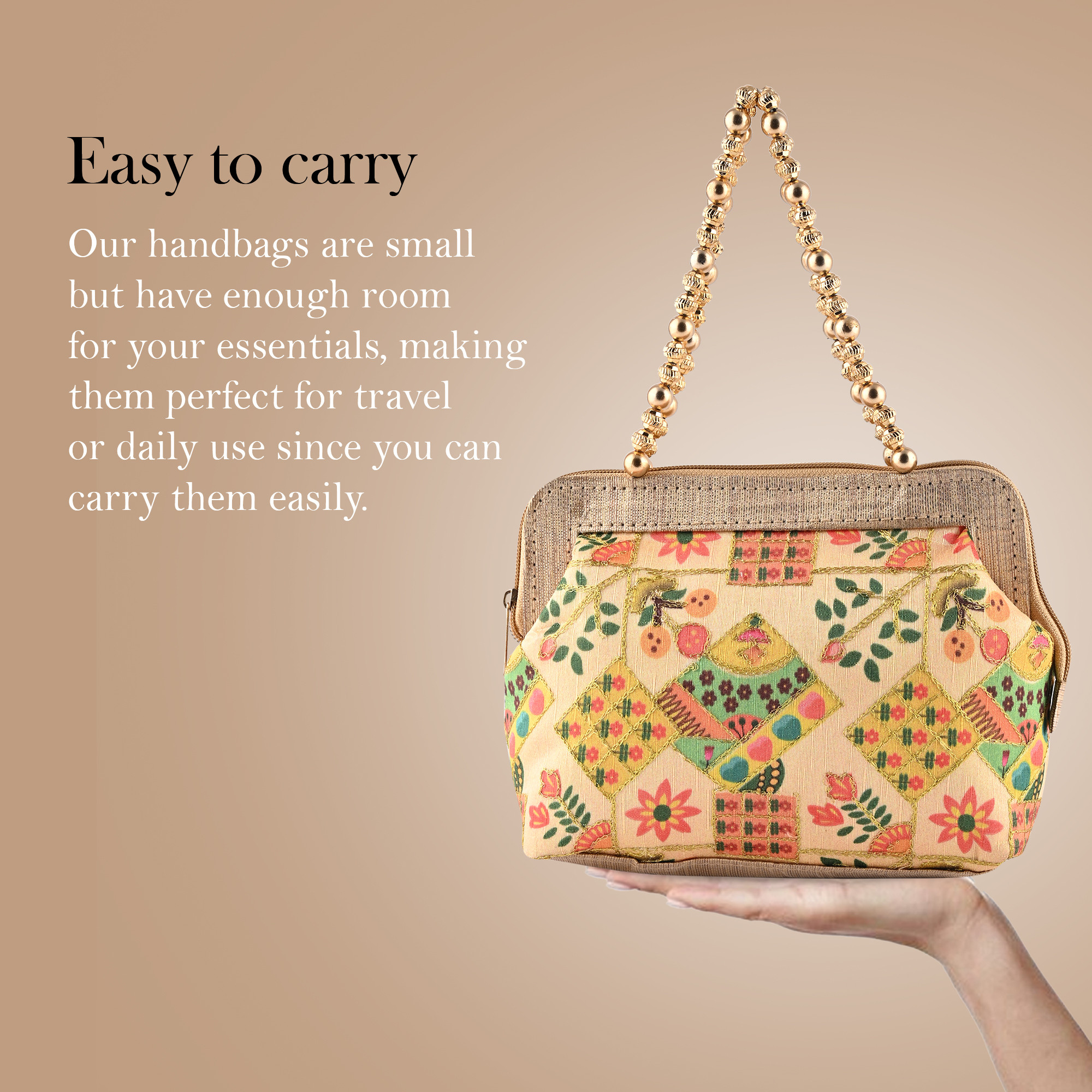 Kuber Industries Small Handbag for Women  Girls  Double Handle Bag  Slim  Travel Friendly Ladies Purse  Flower Embroidery - Cream