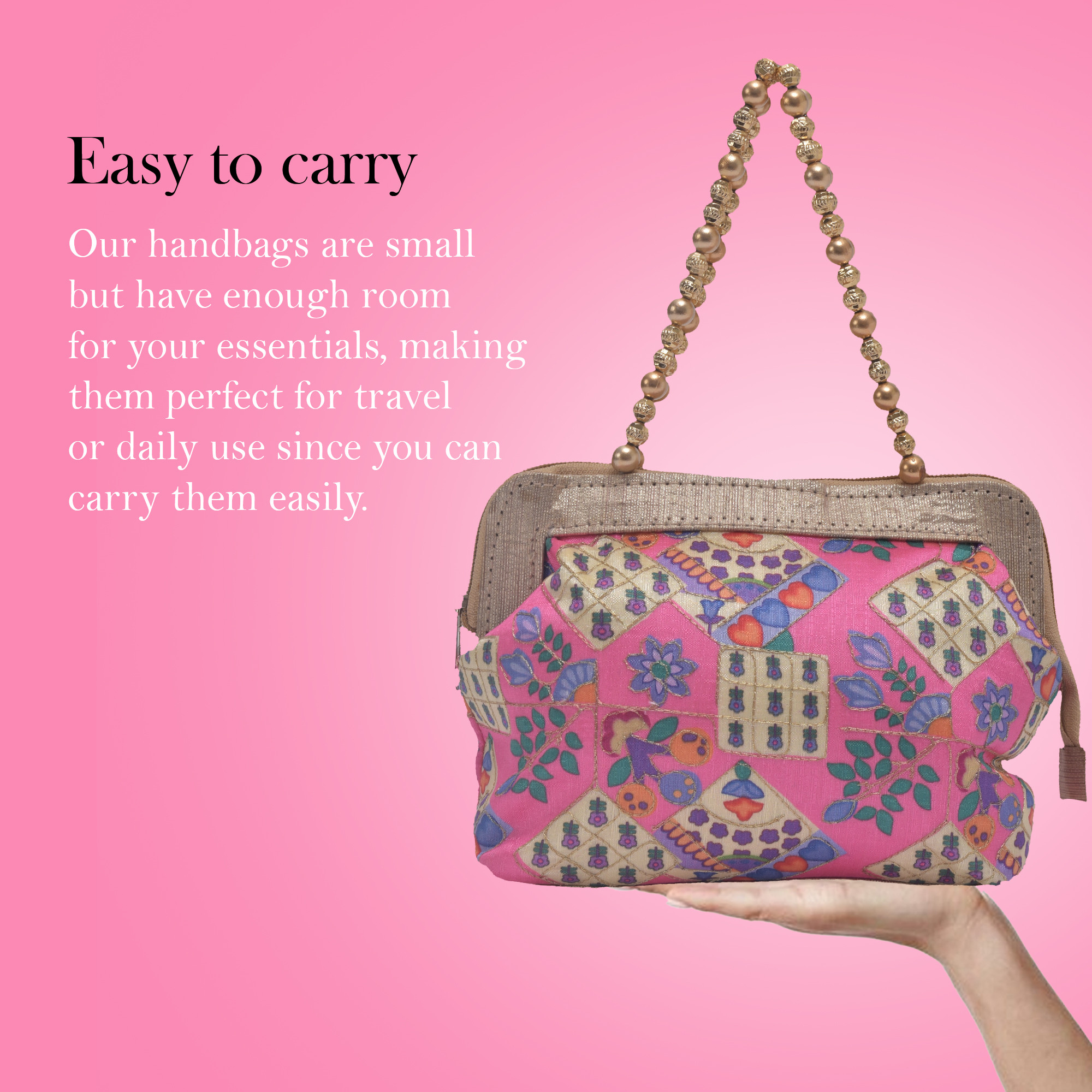 Kuber Industries Small Handbag for Women  Girls  Double Handle Bag  Slim  Travel Friendly Ladies Purse  Flower Embroidery - Pink