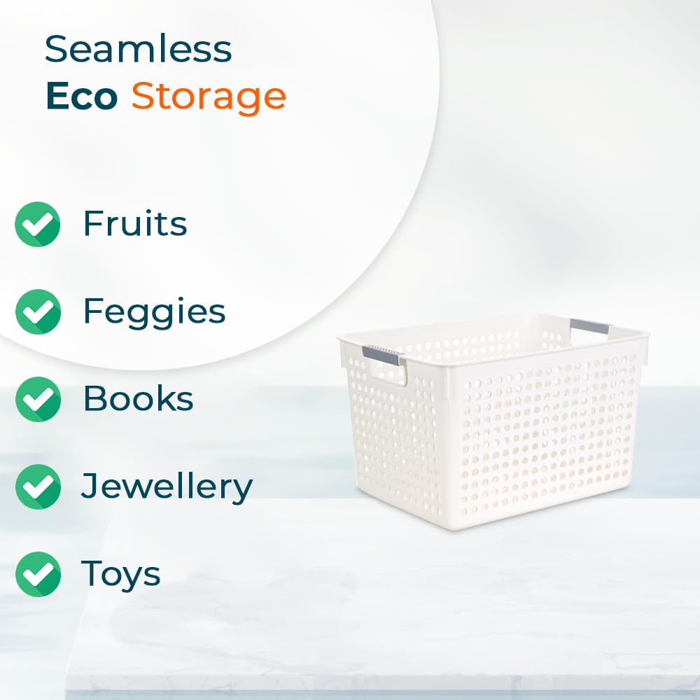 Kuber Industries Small Hollow Storage Basket With Handle|Kitchen & Home Organizer For Wardrobe|Tray For Toys, Fruits, Books (White)
