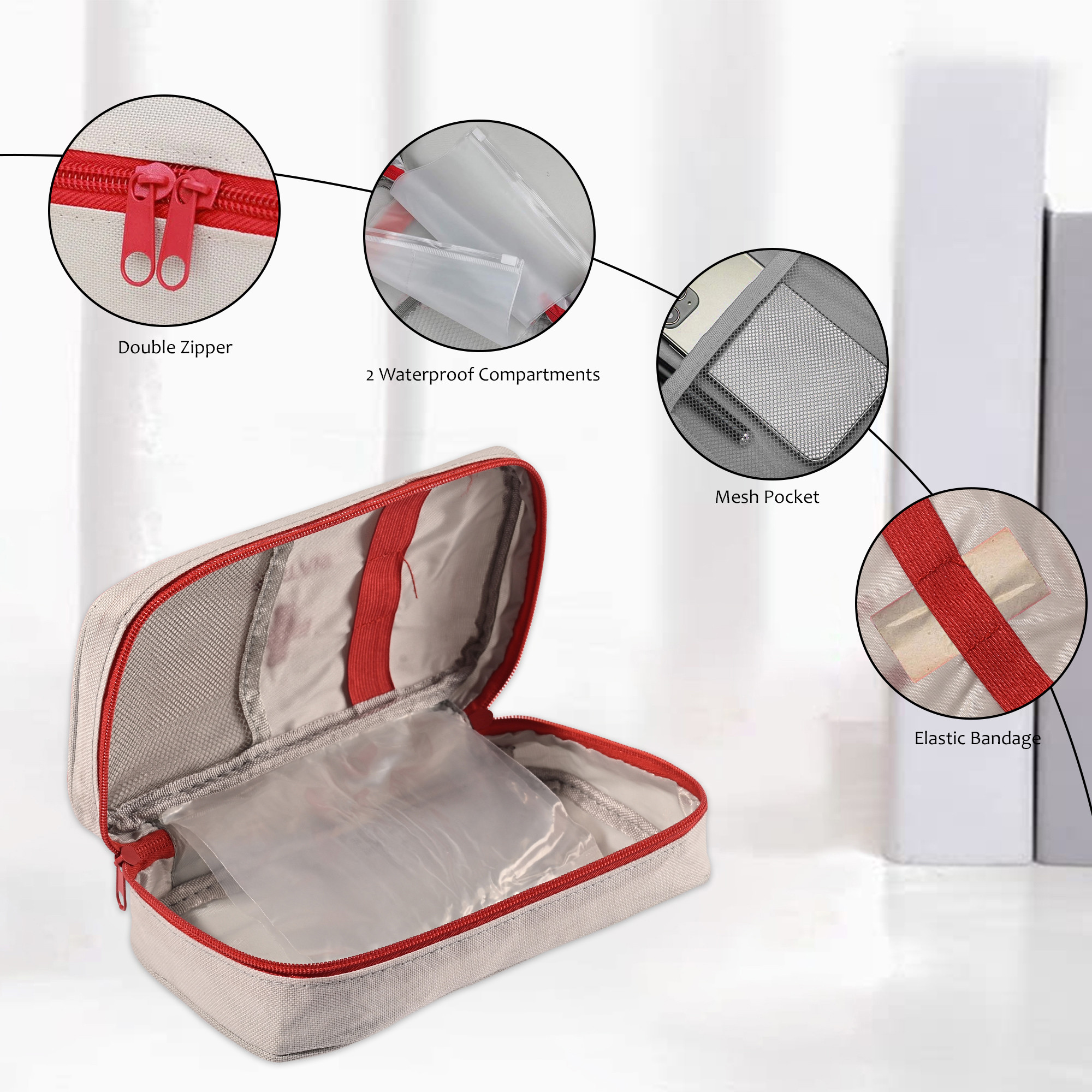 Kuber Industries Small Medicine Pouch for Travel  Empty First Aid Box for Home  Camping Survival Kit  Emergency Items Organizer  Travelling Medical Essentials Pouch  YJ-23-GRY  Grey