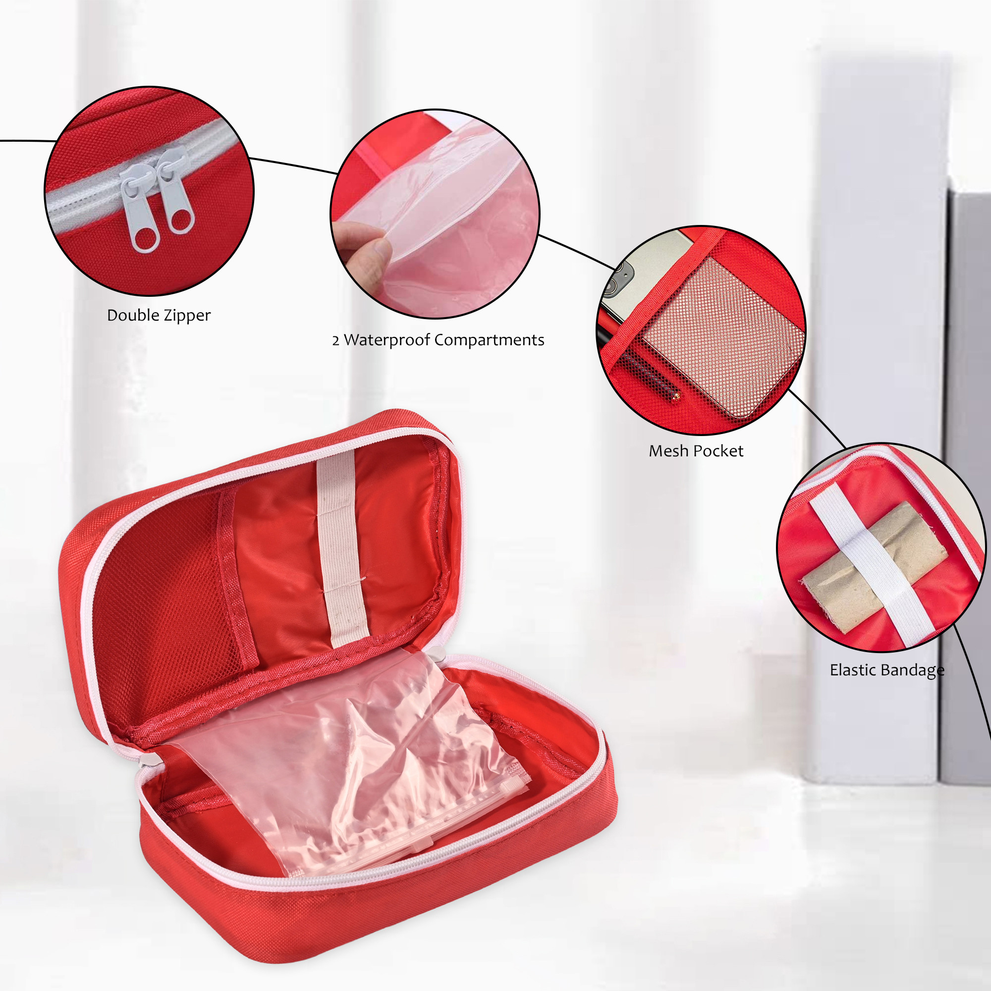 Kuber Industries Small Medicine Pouch for Travel  Empty First Aid Box for Home  Camping Survival Kit  Emergency Items Organizer  Travelling Medical Essentials Pouch  YJ-23-RED  Red