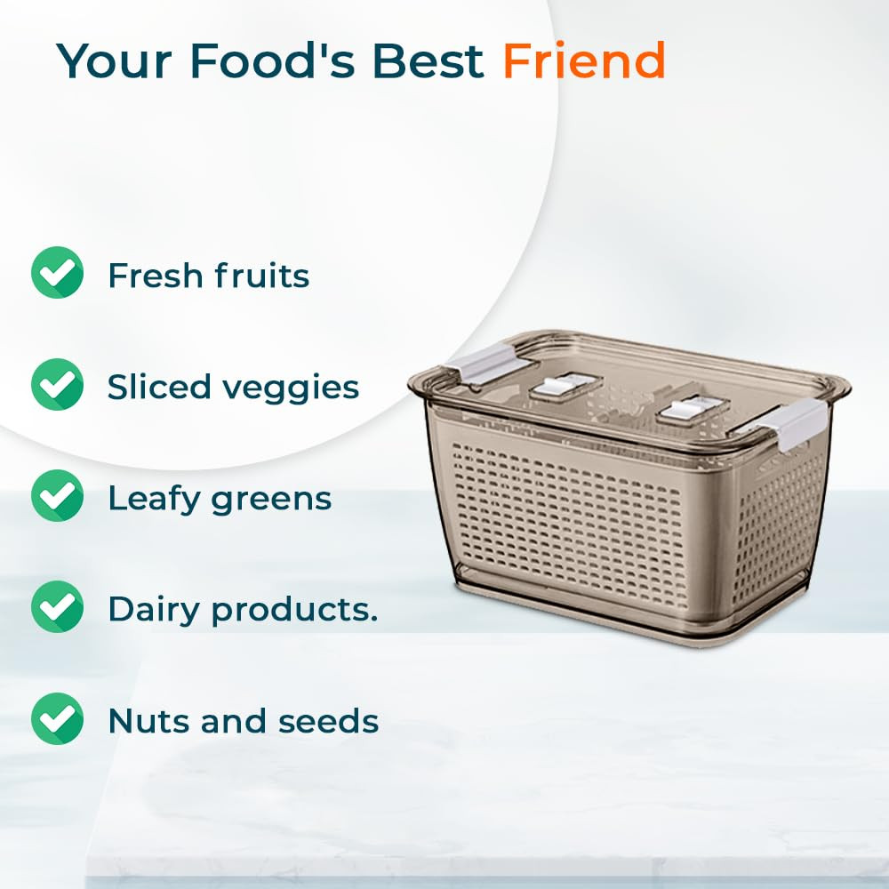 Kuber Industries Small Refrigerator Storage Crisper with Lid & Detachable Hollow Basket (Brown)
