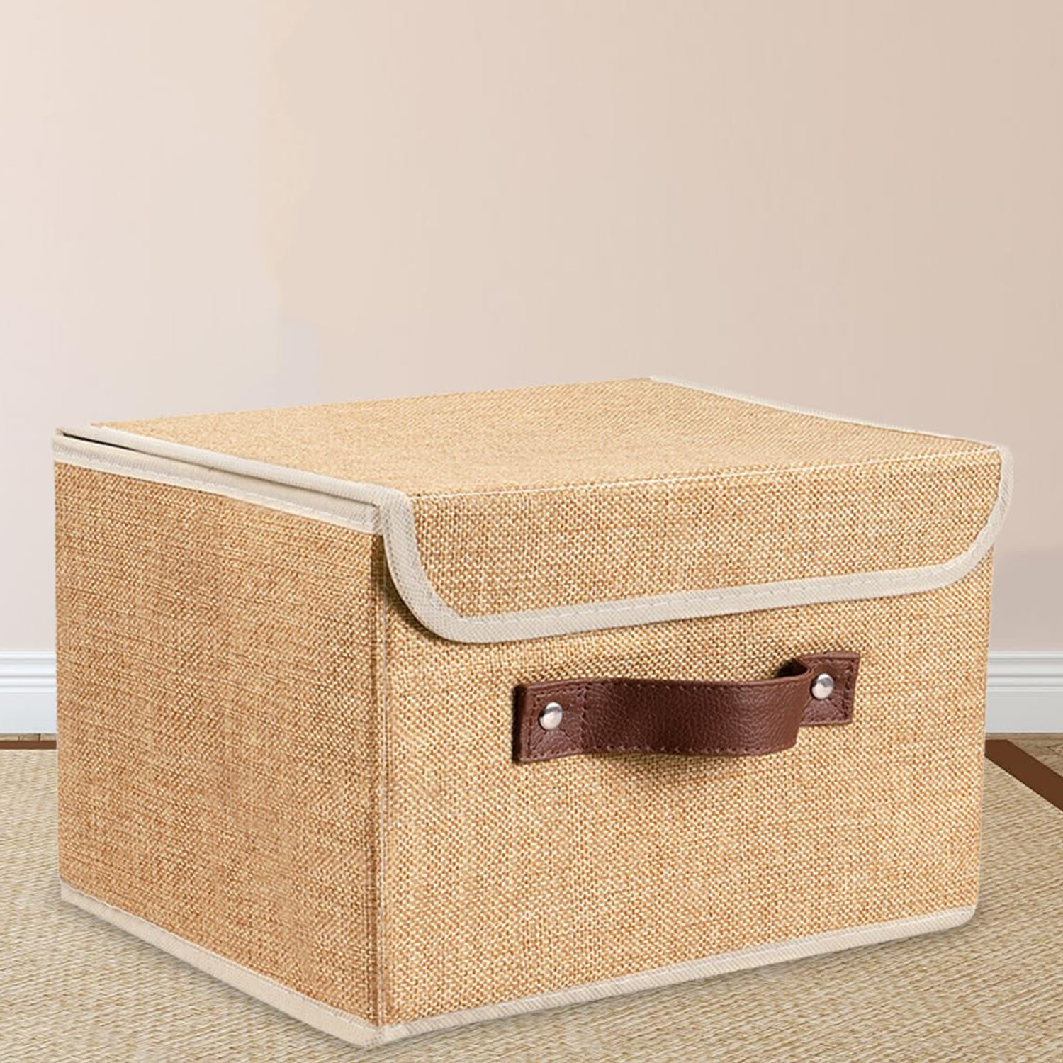 Kuber Industries Small Storage Box With Lid|Foldable Toys Storage Bin|Wardrobe Organizer For clothes|Front Handle & Sturdy (Khadi)