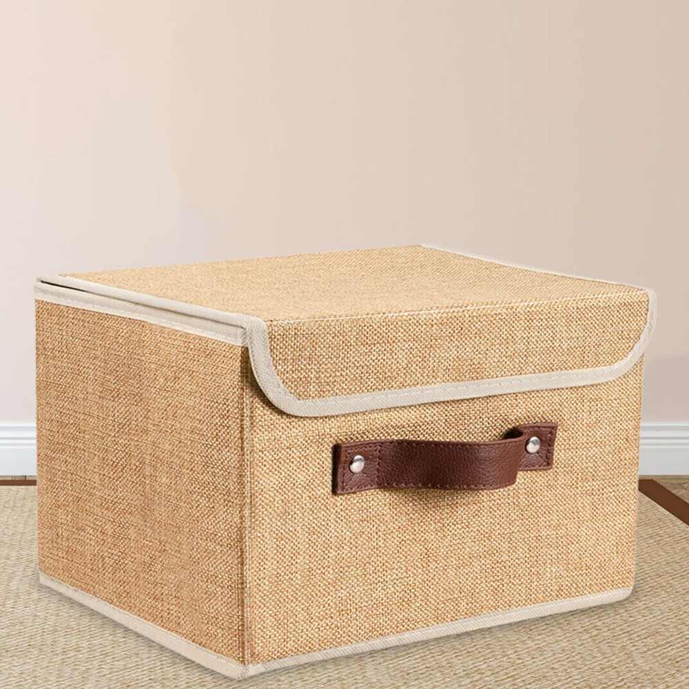 Kuber Industries Small Storage Box With Lid|Foldable Toys Storage Bin|Wardrobe Organizer For clothes|Front Handle &amp; Sturdy (Khadi)