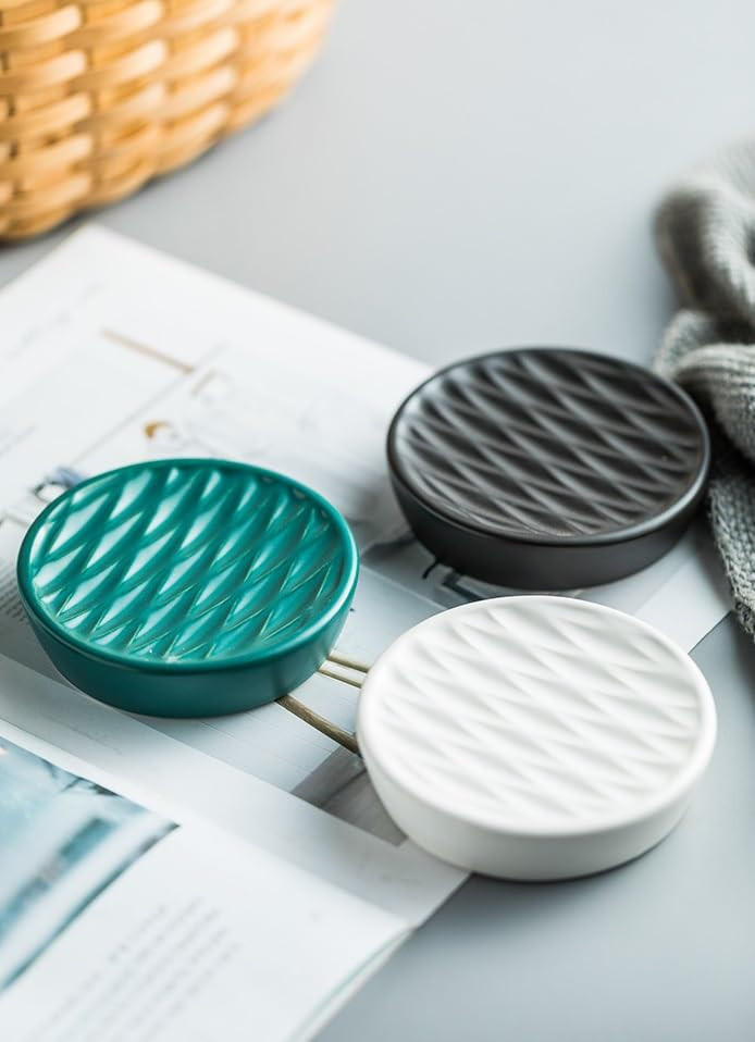 Kuber Industries Soap Holder | Ceramic Bathroom Soap Tray | Soap Holder for Kitchen Sink | Wash Basin Soap Holder | Round Soap Plate | Countertop Soap Holder | ZX077BK-MA | Black