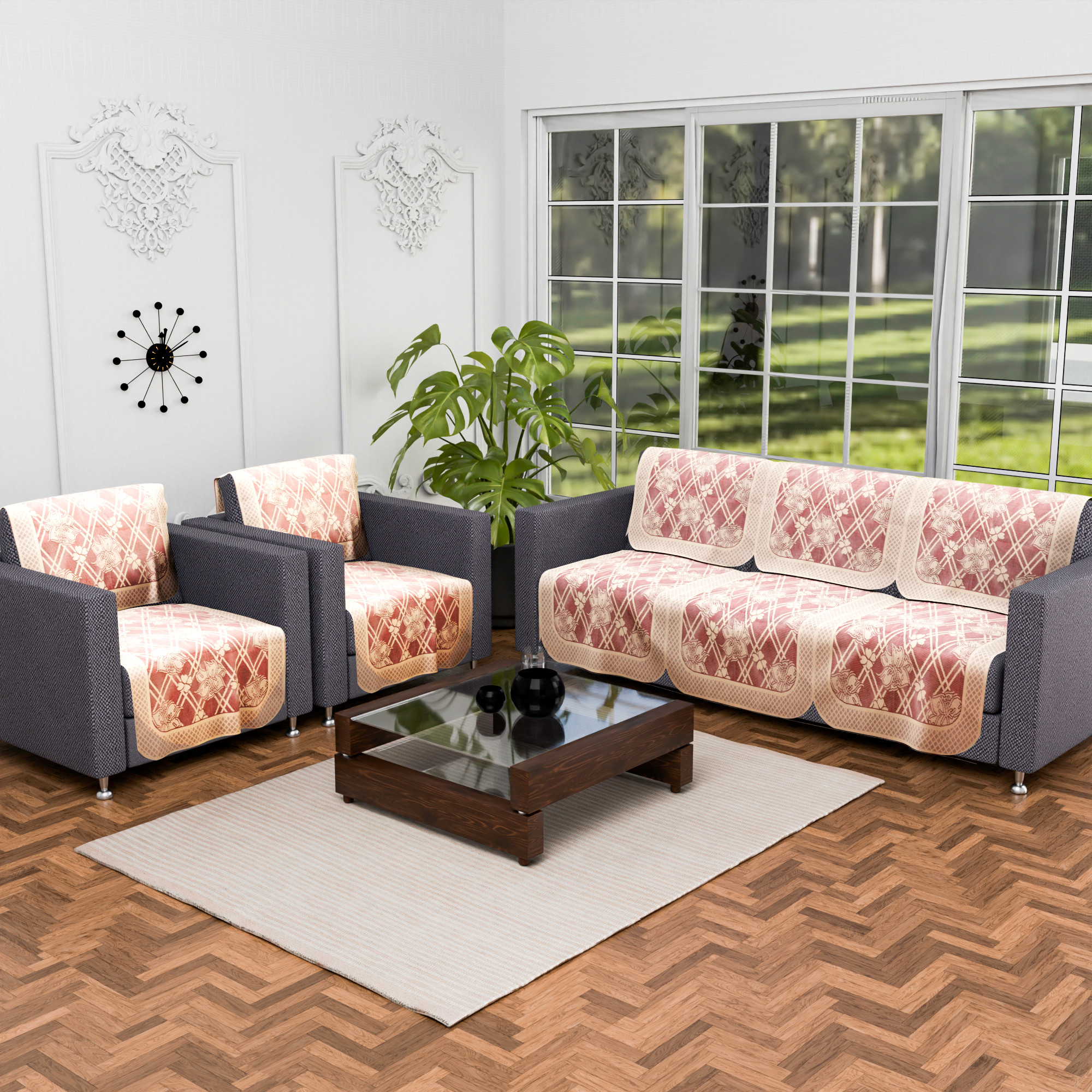 Kuber Industries Sofa  Center Table Cover Set  Net 5 Seater Sofa  4 Seater Table Cover Combo Set  Furniture Protector Cover for Living Room  Cross Flower Design- Maroon