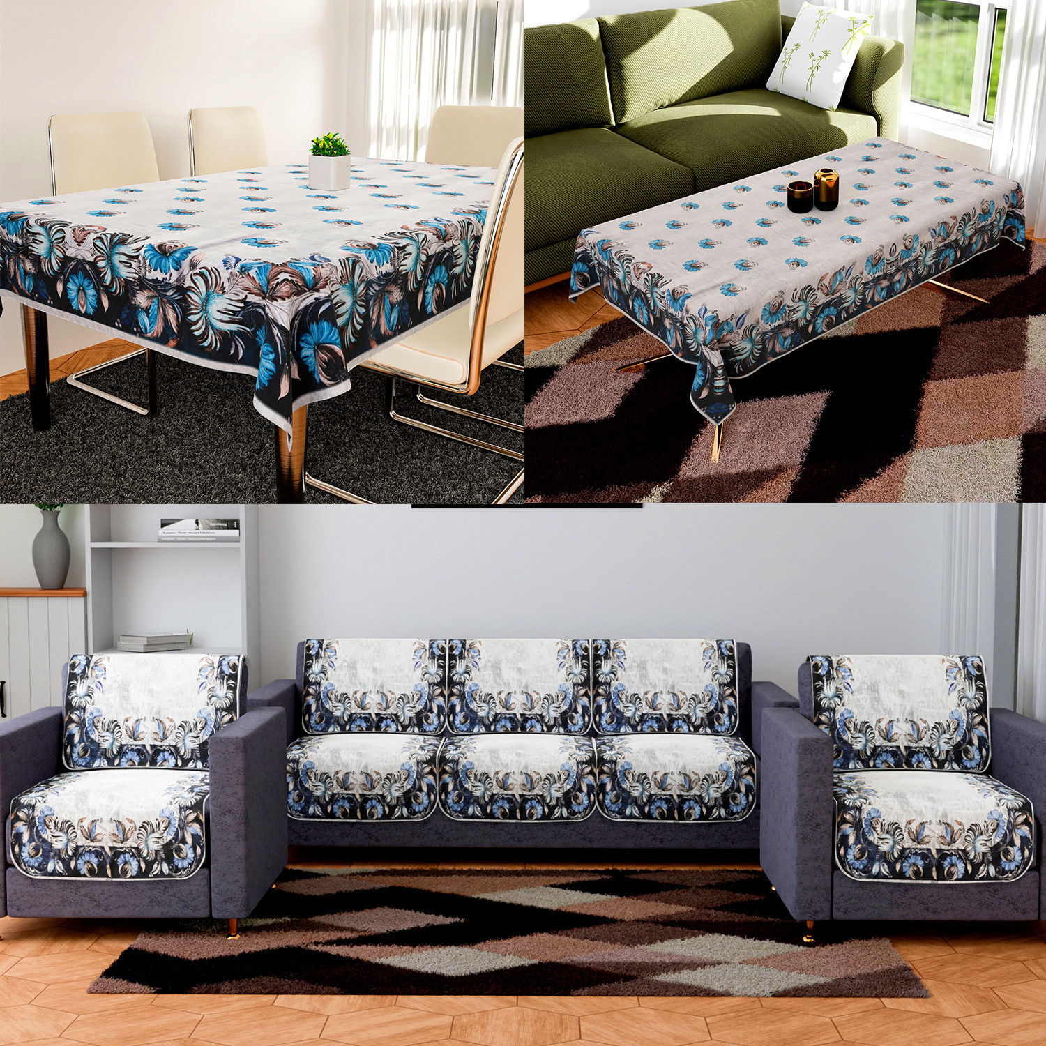 Kuber Industries Sofa-Center & Dining Table Cover Set | Blue Digital Flower Sofa-Center & Dining Table Cover | 5 Seater Sofa with Center-Dining Table Cover Set | Gray