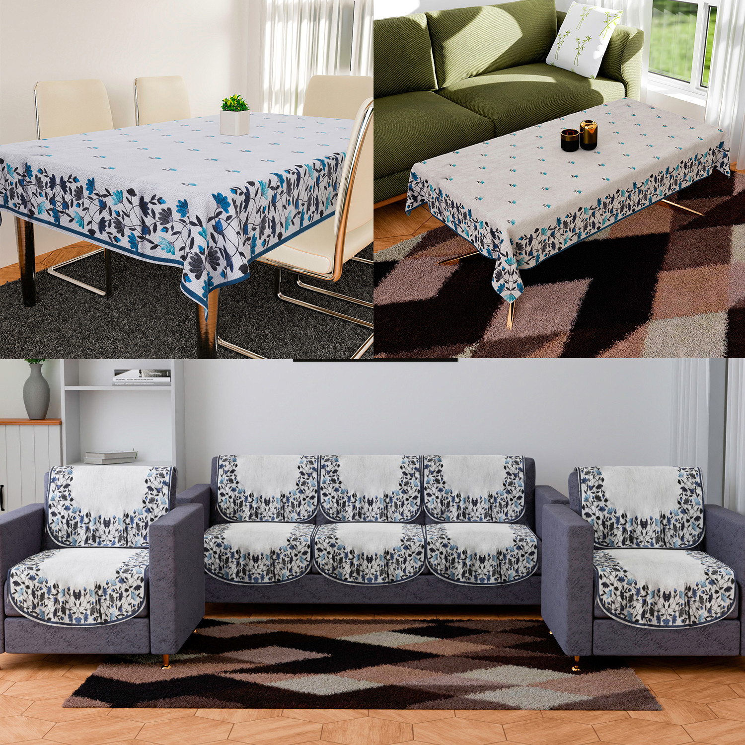 Kuber Industries Sofa-Center & Dining Table Cover Set | Blue Digital Leaf Sofa-Center & Dining Table Cover | 5 Seater Sofa with Center-Dining Table Cover Set | Gray