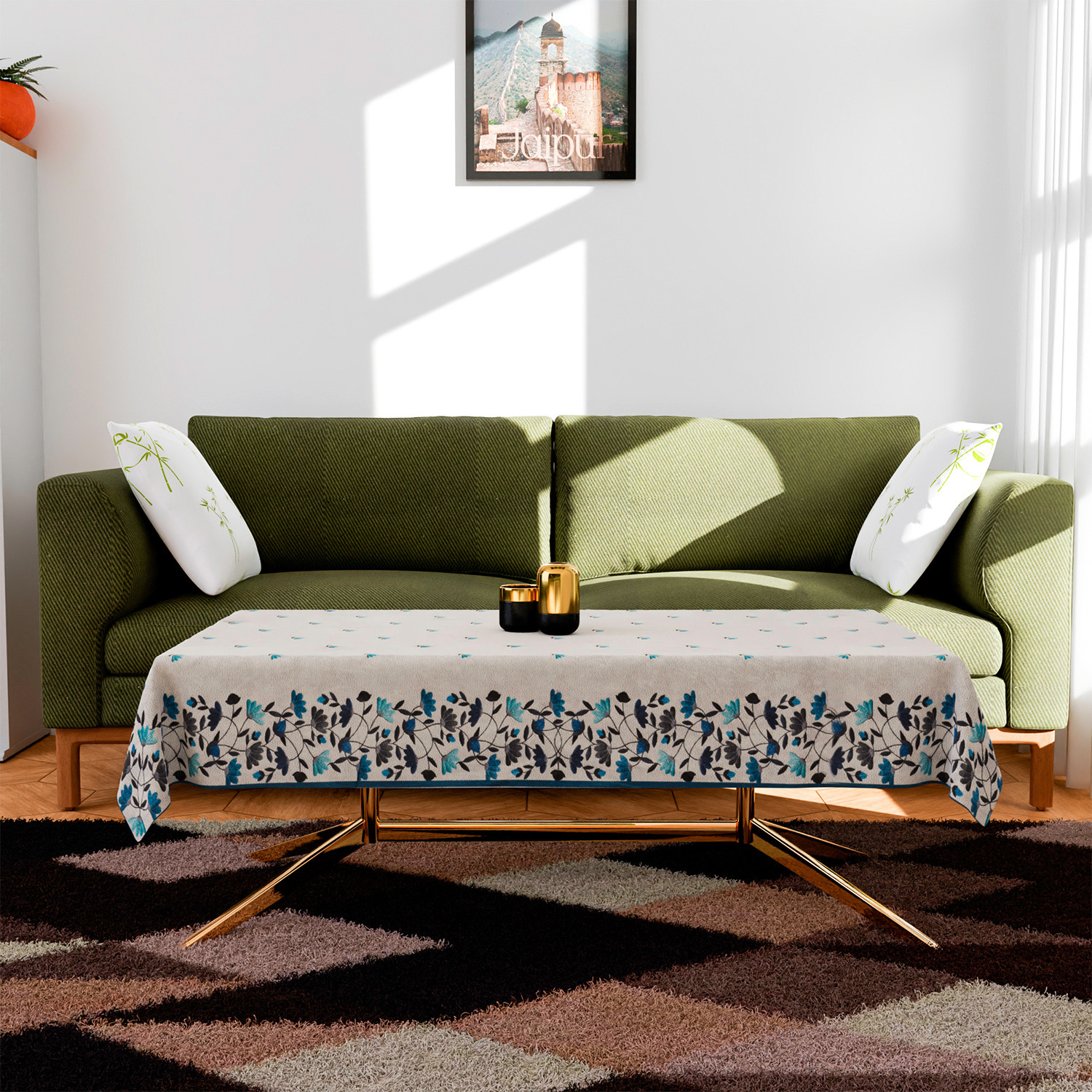 Kuber Industries Sofa-Center & Dining Table Cover Set | Blue Digital Leaf Sofa-Center & Dining Table Cover | 5 Seater Sofa with Center-Dining Table Cover Set | Gray