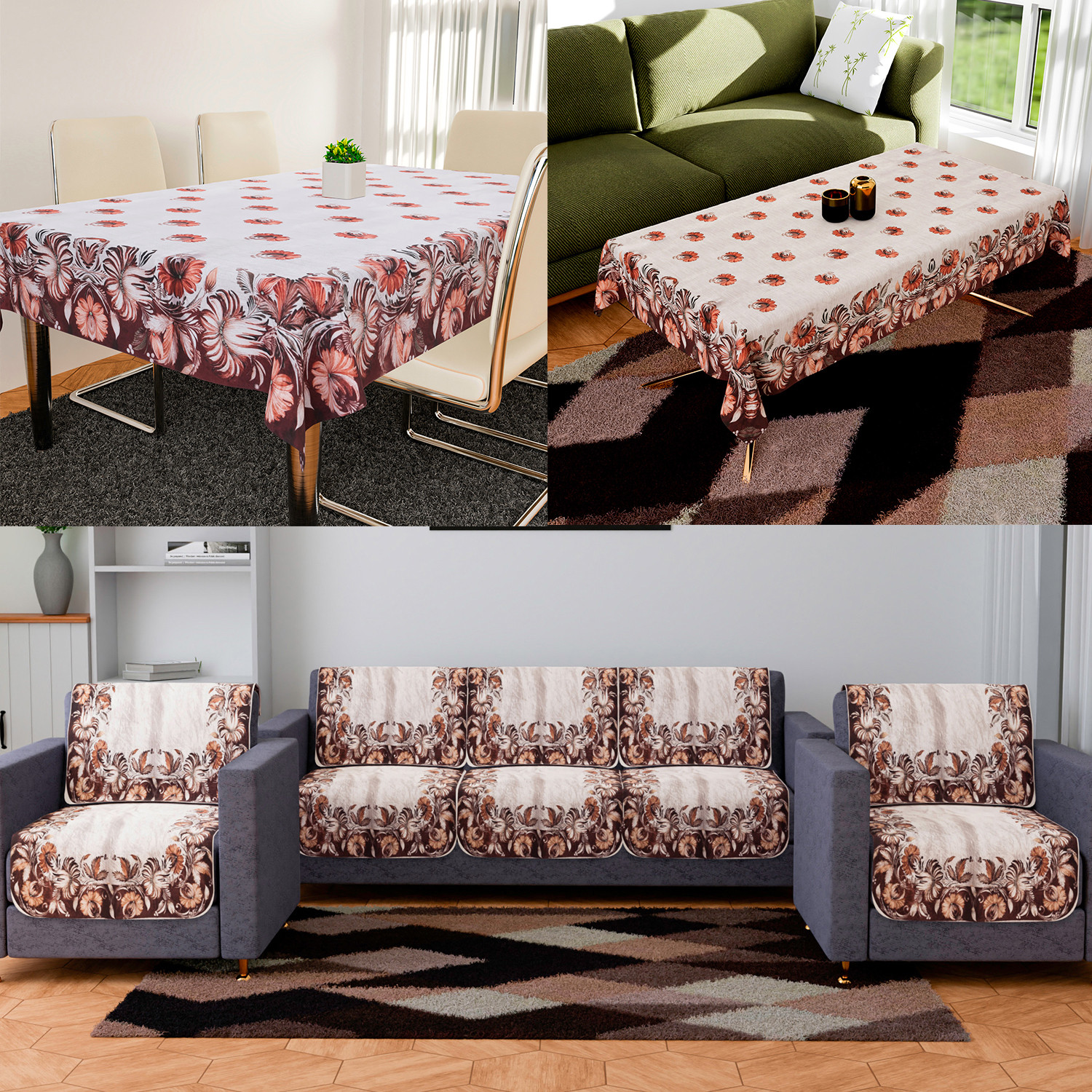 Kuber Industries Sofa-Center & Dining Table Cover Set | Brown Flower Design Sofa-Center & Dining Table Cover | 5 Seater Sofa with Center-Dining Table Cover Set | Cream