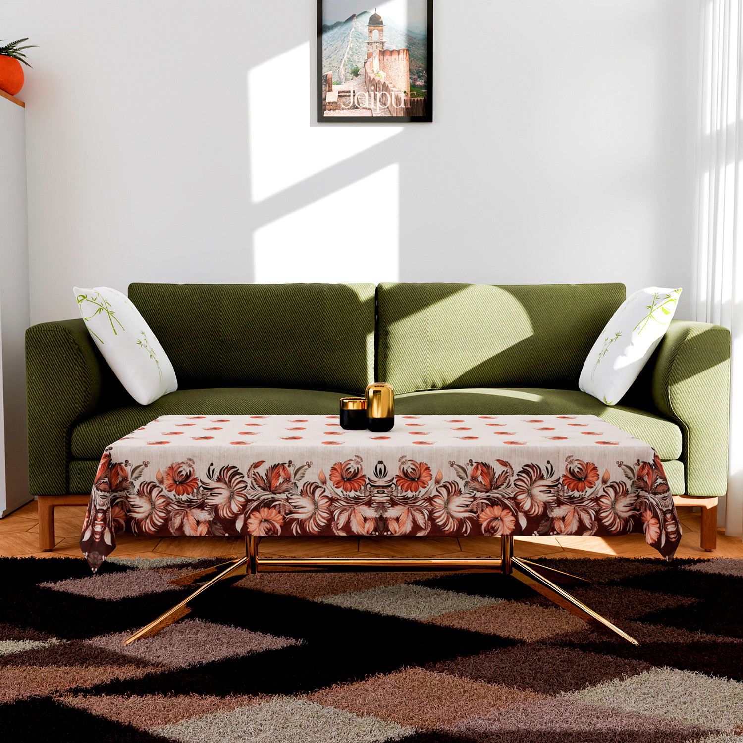 Kuber Industries Sofa-Center & Dining Table Cover Set | Brown Flower Design Sofa-Center & Dining Table Cover | 5 Seater Sofa with Center-Dining Table Cover Set | Cream