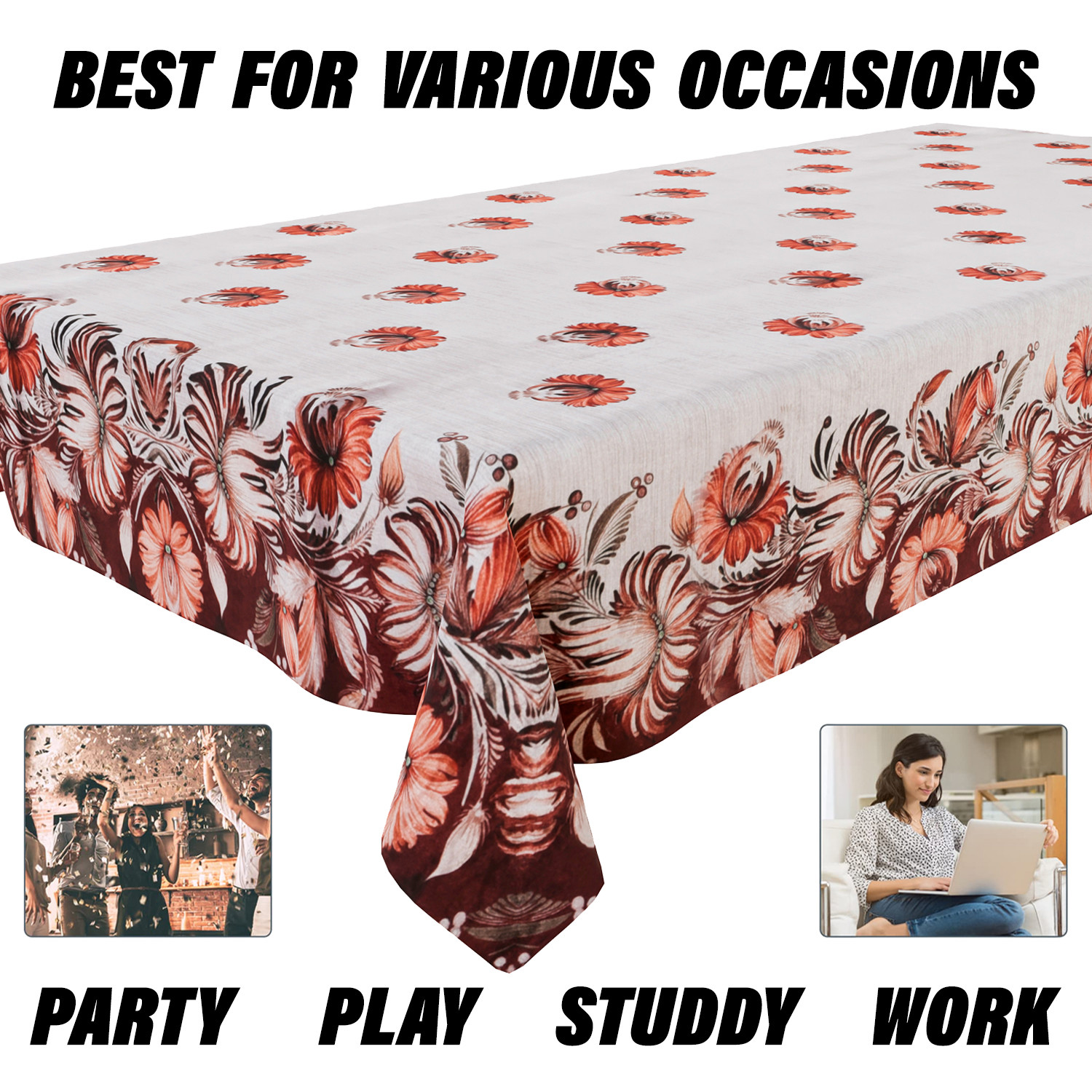 Kuber Industries Sofa-Center & Dining Table Cover Set | Brown Flower Design Sofa-Center & Dining Table Cover | 5 Seater Sofa with Center-Dining Table Cover Set | Cream