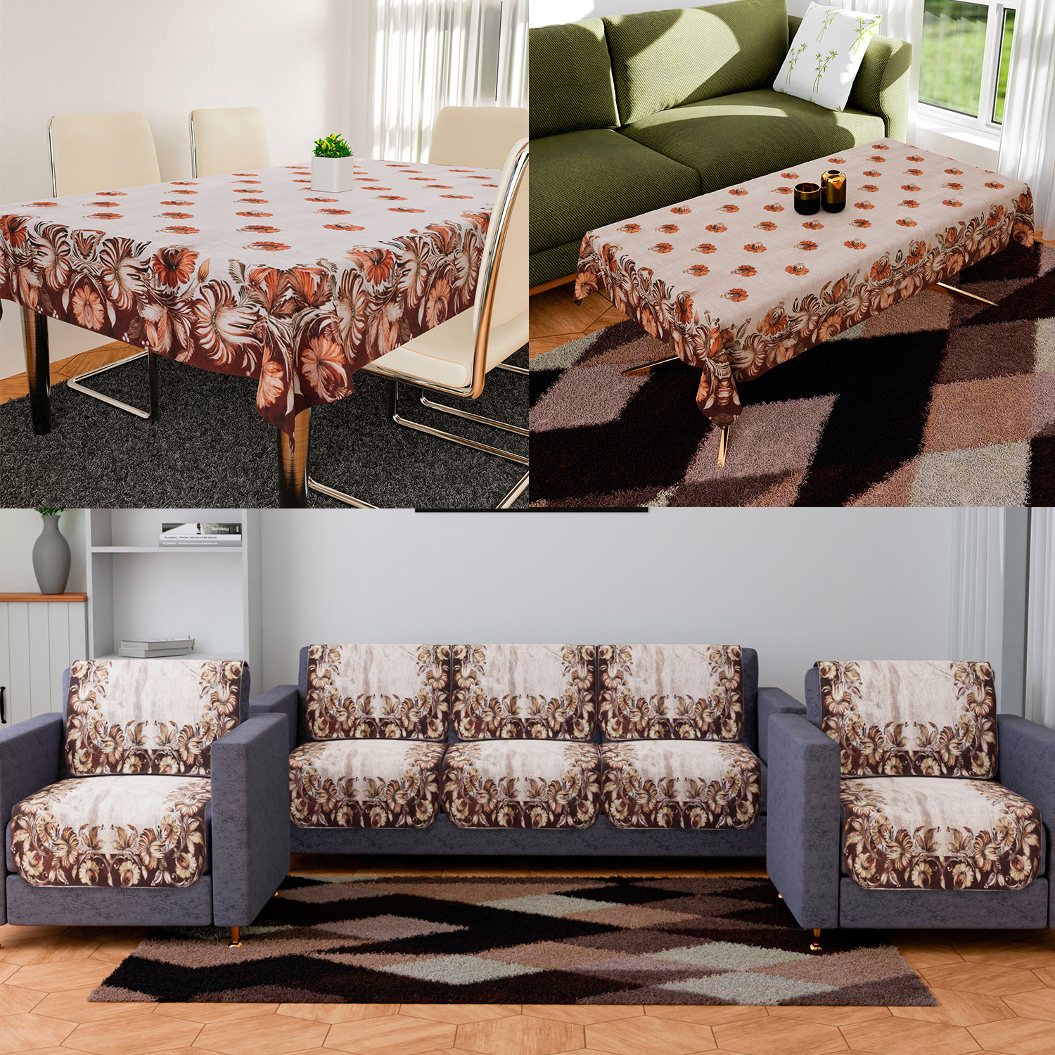 Kuber Industries Sofa-Center & Dining Table Cover Set | Brown Flower Design Sofa-Center & Dining Table Cover | 5 Seater Sofa with Center-Dining Table Cover Set | Golden