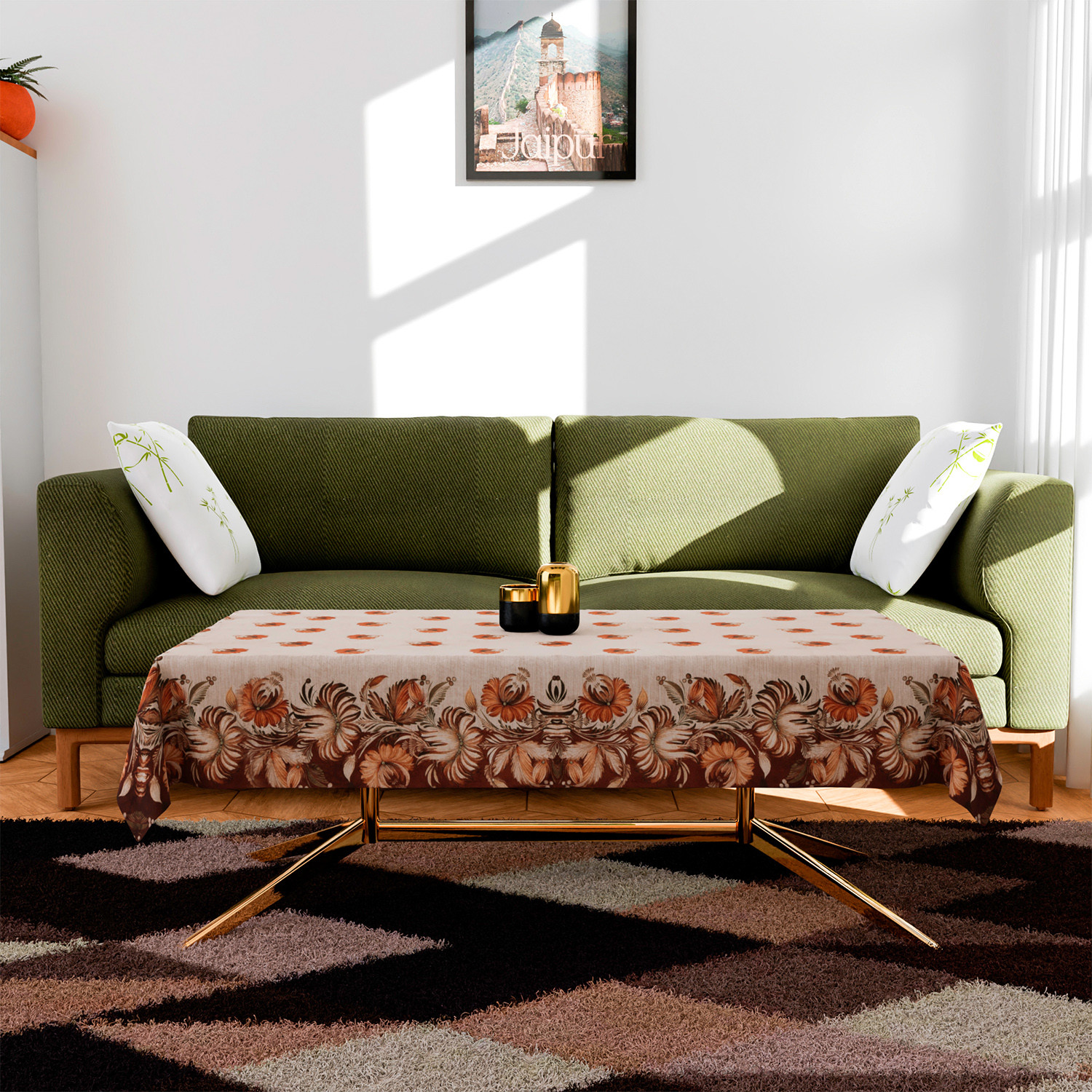 Kuber Industries Sofa-Center & Dining Table Cover Set | Brown Flower Design Sofa-Center & Dining Table Cover | 5 Seater Sofa with Center-Dining Table Cover Set | Golden