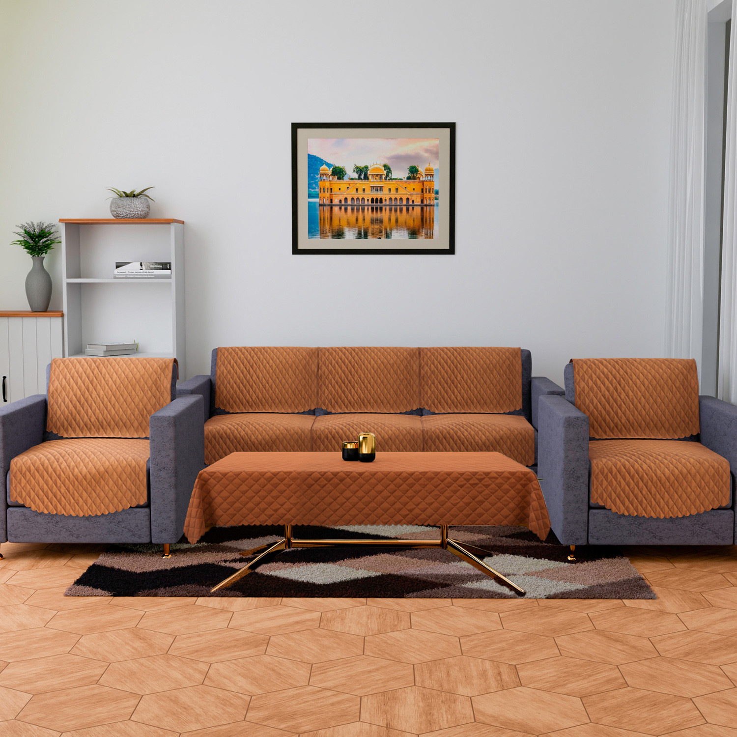 Kuber Industries Sofa-Center Cover Set  Sofa  Center Table Cover Combo  Quilted Sofa Cover with Table Cover  Velvet 5 Seater Sofa  Table Cover Set For Living Room  Brown