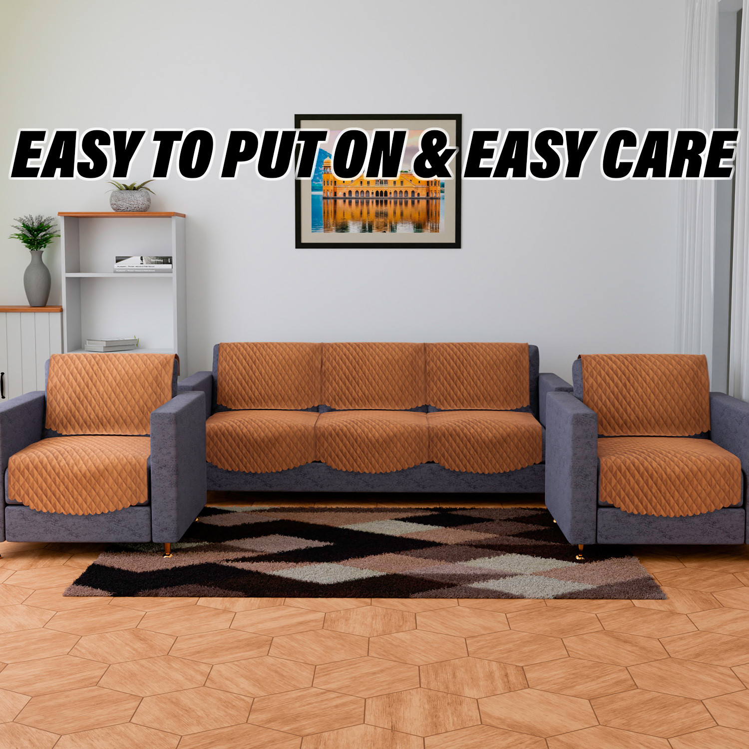 Kuber Industries Sofa-Center Cover Set  Sofa  Center Table Cover Combo  Quilted Sofa Cover with Table Cover  Velvet 5 Seater Sofa  Table Cover Set For Living Room  Brown