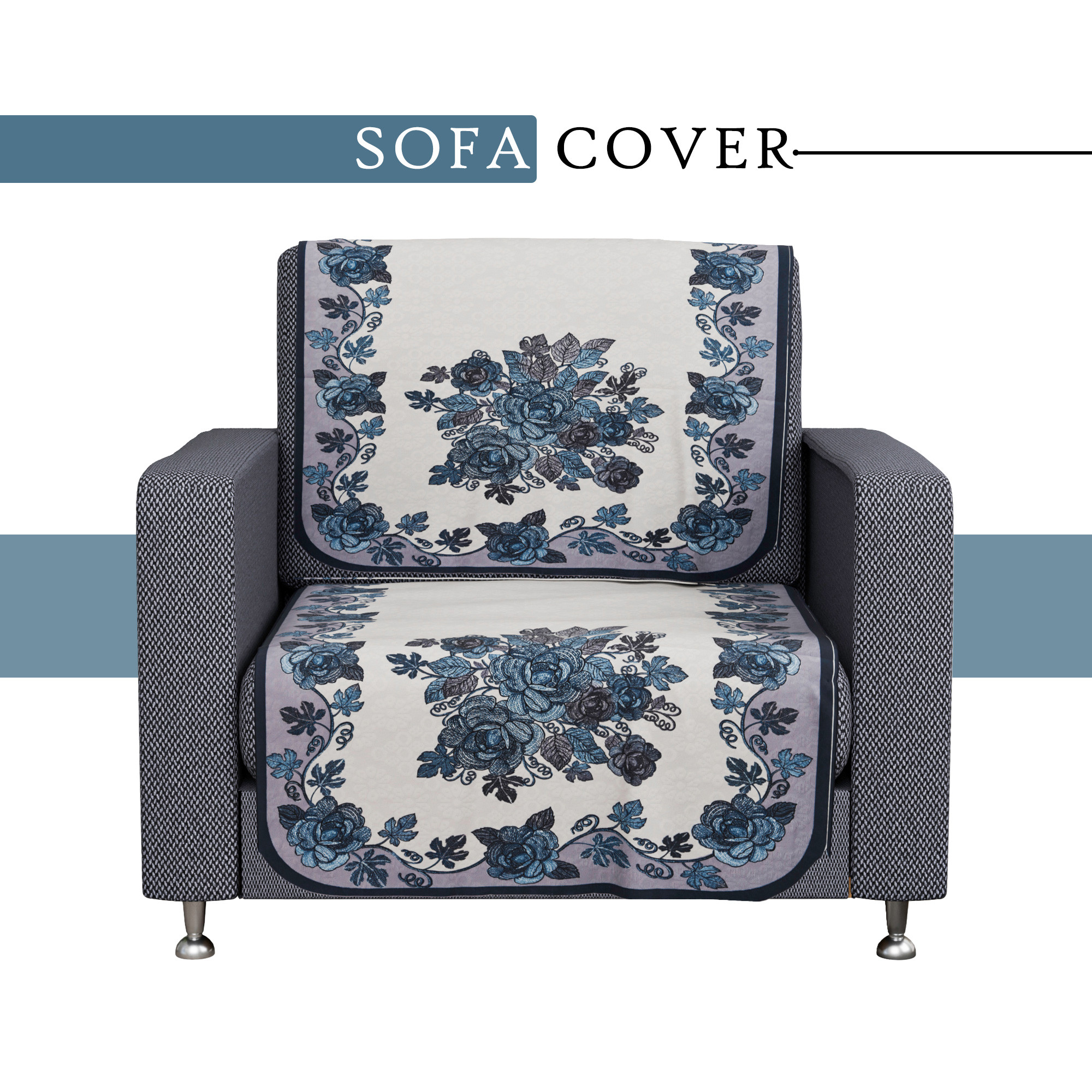 Kuber Industries Sofa Cover   Sofa Cover    Net Sofa Slipcover  Couch Cover  Sofa Cover for Living Room  Blaze-Rose Digital Embroidery Print-640    Blue