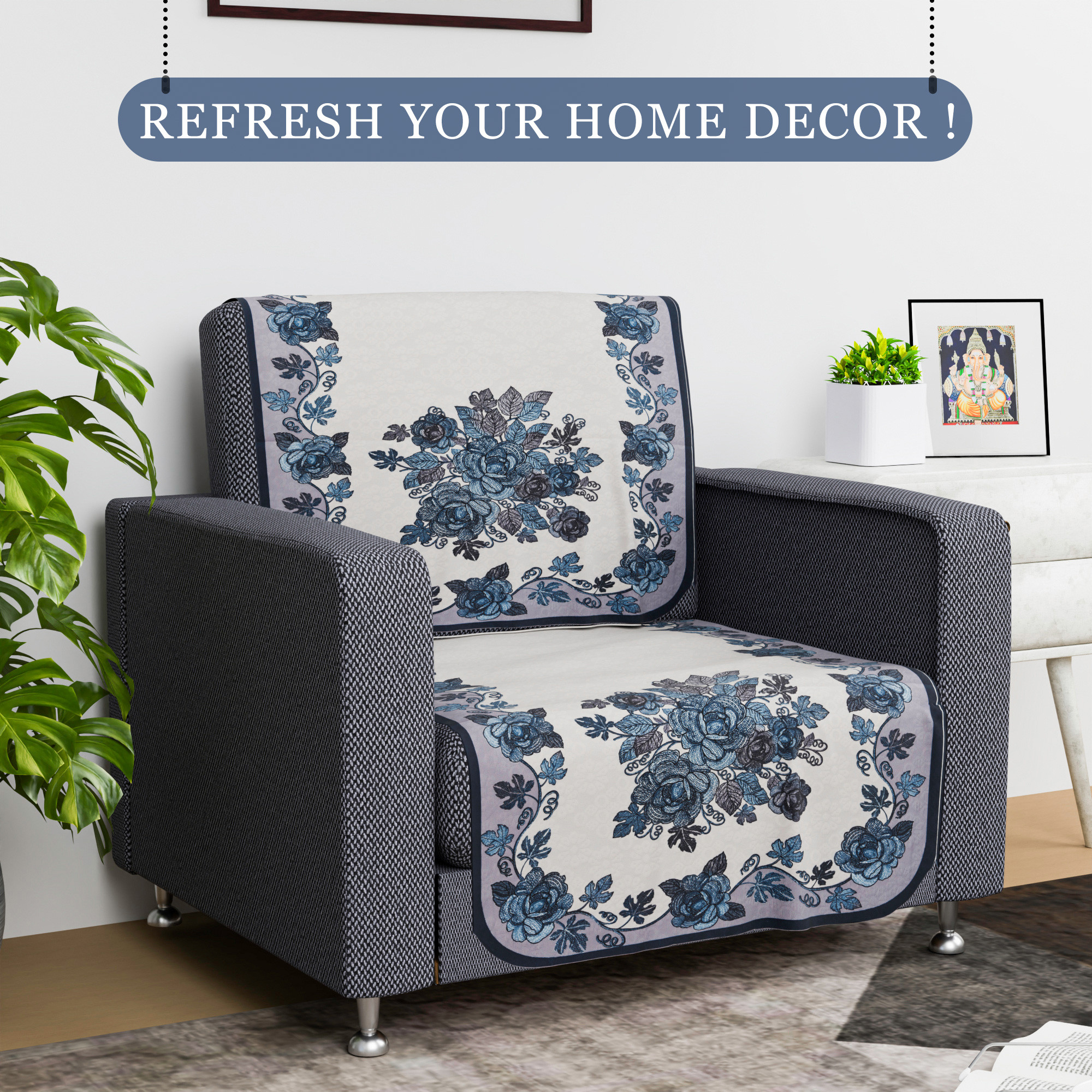 Kuber Industries Sofa Cover   Sofa Cover    Net Sofa Slipcover  Couch Cover  Sofa Cover for Living Room  Blaze-Rose Digital Embroidery Print-640    Blue