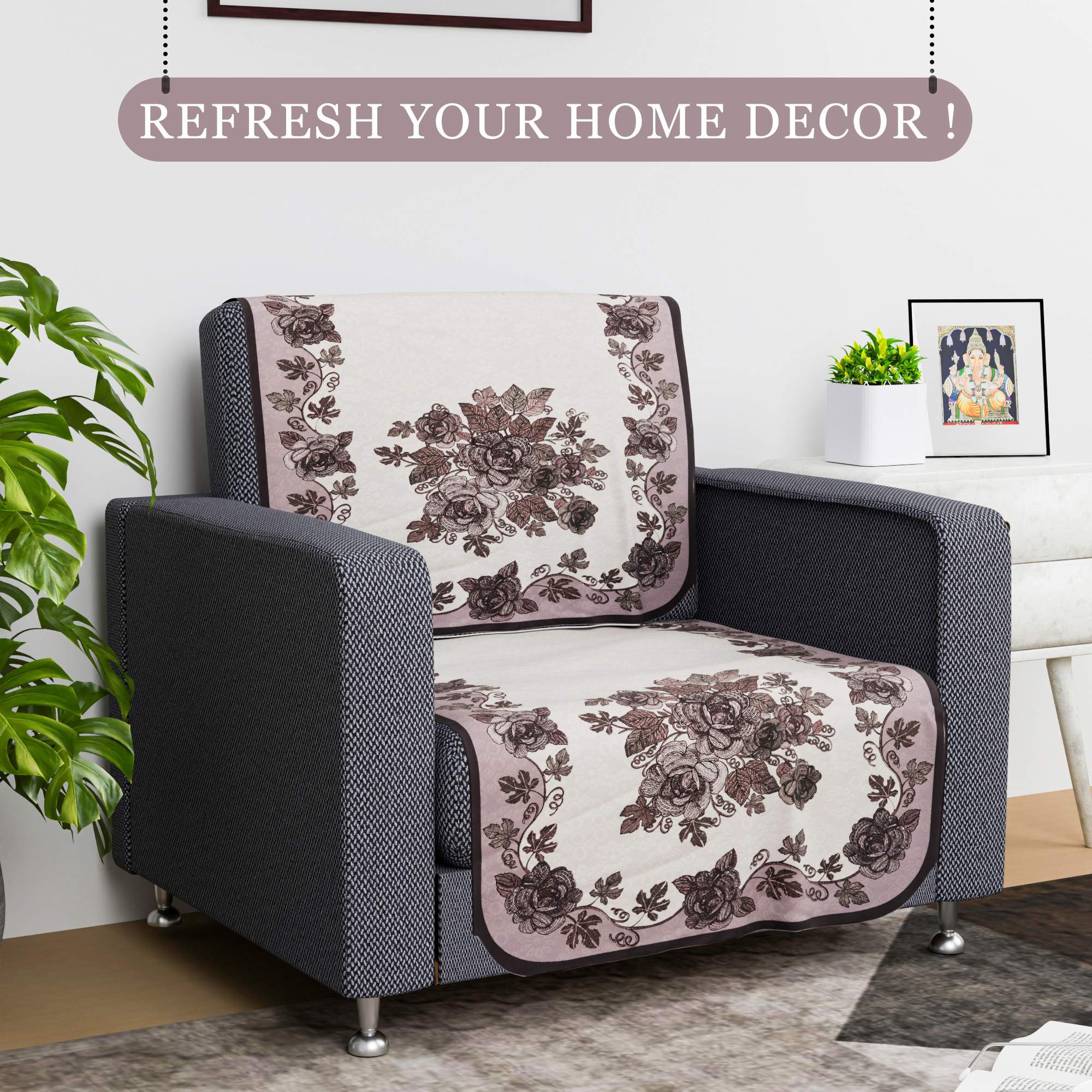 Kuber Industries Sofa Cover   Sofa Cover    Net Sofa Slipcover  Couch Cover  Sofa Cover for Living Room  Blaze-Rose Digital Embroidery Print-640    Brown