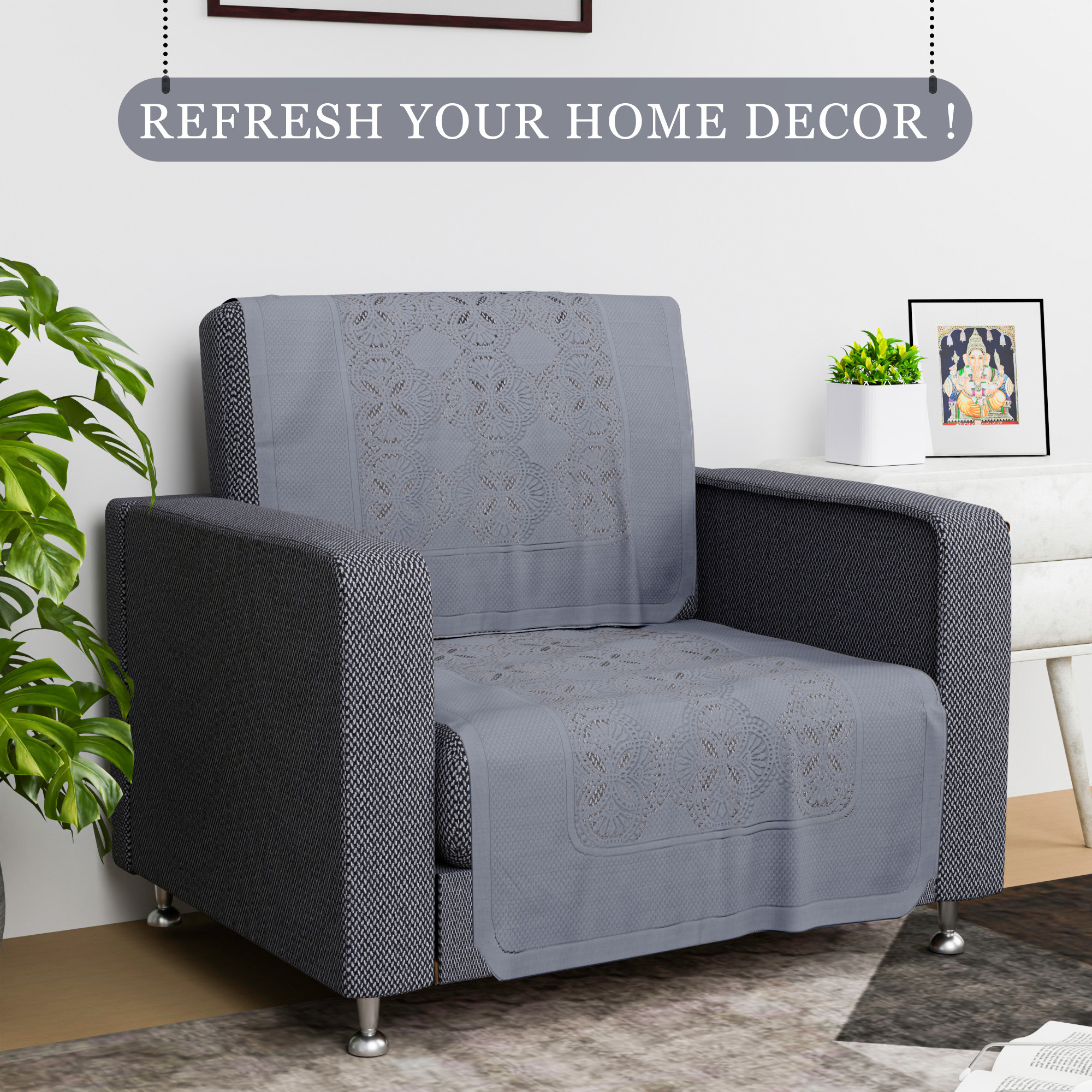 Kuber Industries Sofa Cover   Sofa Cover  Net Sofa Slipcover Set  Couch Sofa Cover for Hall  Sofa Cover Set  Sofa Cover for Living Room  Self Flower New Jersey  Grey