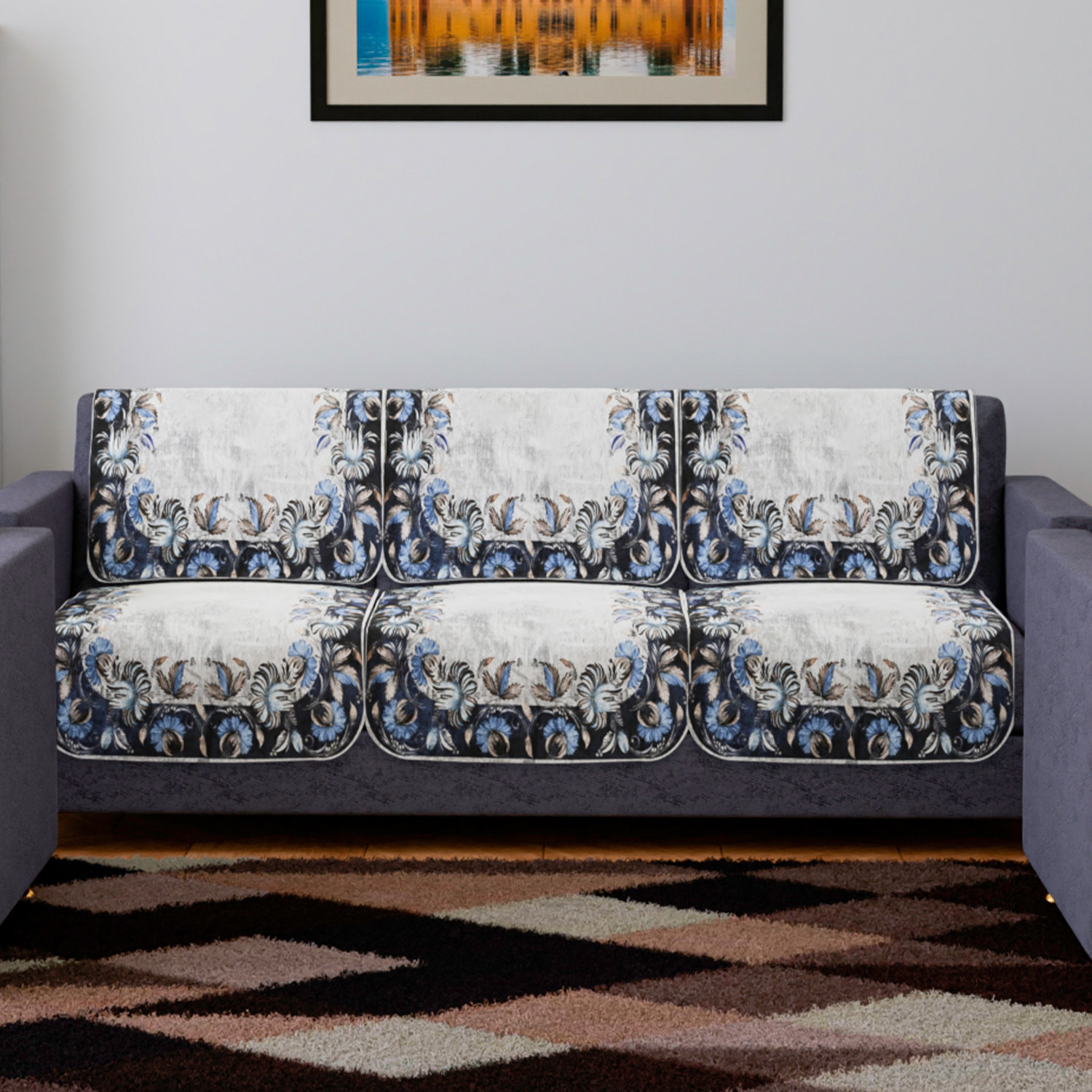 Kuber Industries Sofa Cover | 3 Seater Sofa Slip Cover Set | Blue Digital Flower Sofa Cover | Velvet Couch Cover | Sofa Slipcover Set | Sofa Cover for Living Room | Gray