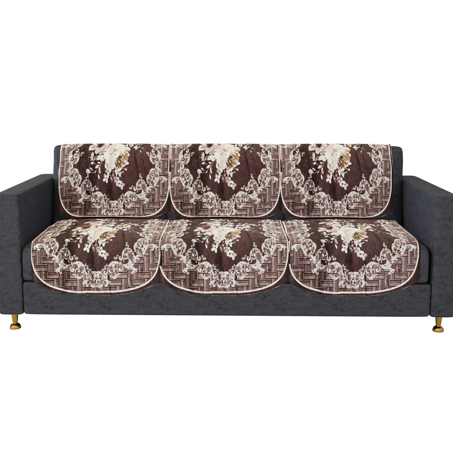 Kuber Industries Sofa Cover | 3 Seater Sofa Slip Cover Set | Brown Check Border Sofa Cover | Velvet Couch Cover | Sofa Slipcover Set | Sofa Cover for Living Room | Cream