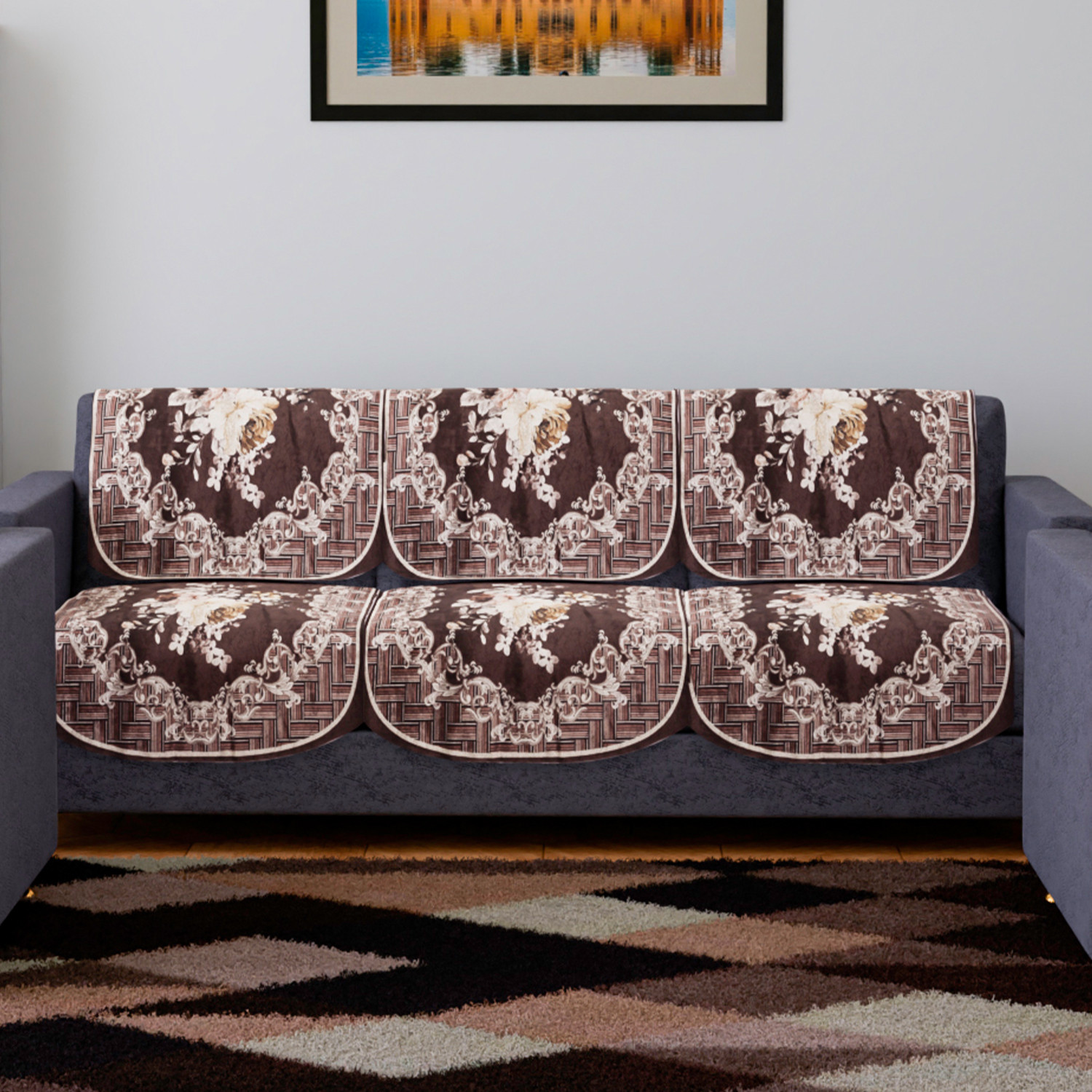 Kuber Industries Sofa Cover | 3 Seater Sofa Slip Cover Set | Brown Check Border Sofa Cover | Velvet Couch Cover | Sofa Slipcover Set | Sofa Cover for Living Room | Cream