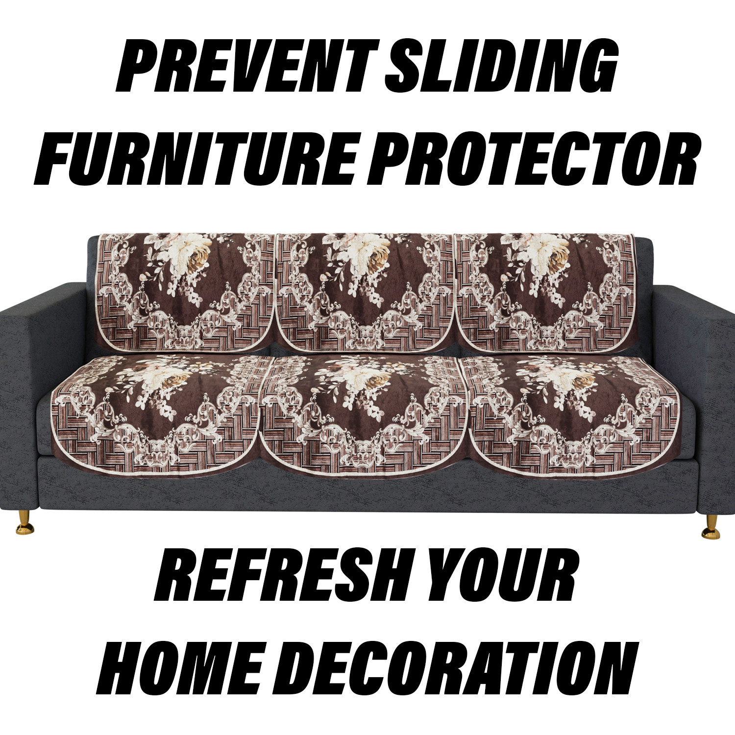 Kuber Industries Sofa Cover | 3 Seater Sofa Slip Cover Set | Brown Check Border Sofa Cover | Velvet Couch Cover | Sofa Slipcover Set | Sofa Cover for Living Room | Cream