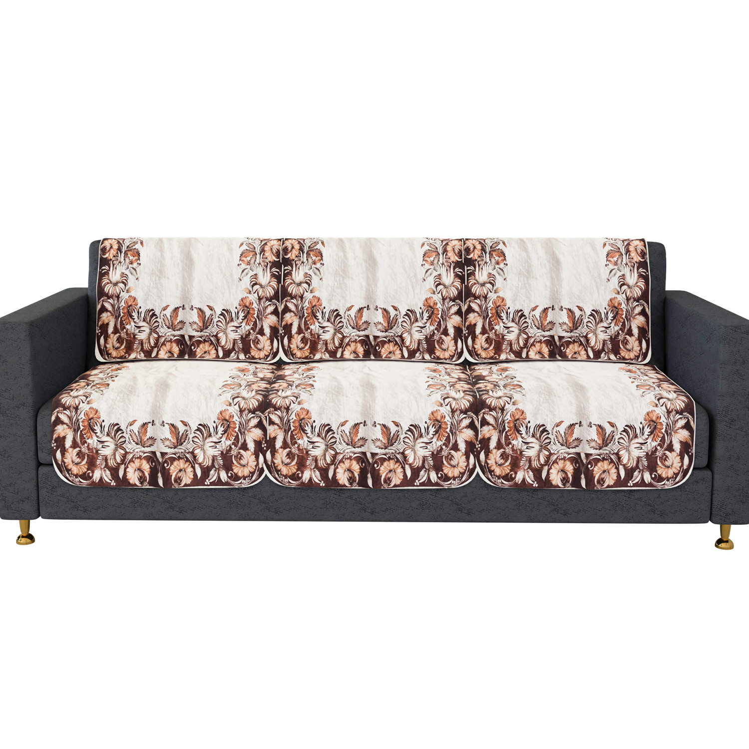 Kuber Industries Sofa Cover | 3 Seater Sofa Slip Cover Set | Brown Flower Sofa Cover | Velvet Couch Cover | Sofa Slipcover Set | Sofa Cover for Living Room | Cream