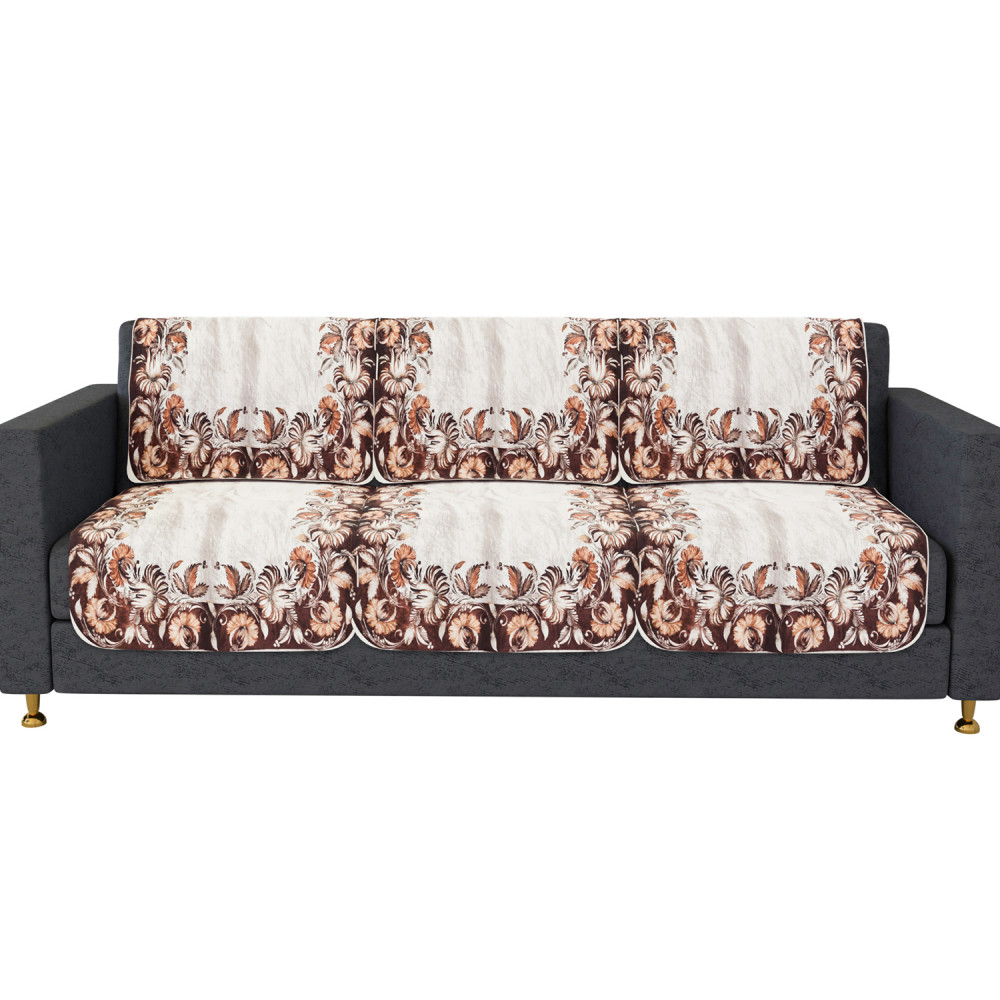 Kuber Industries Sofa Cover | 3 Seater Sofa Slip Cover Set | Brown Flower Sofa Cover | Velvet Couch Cover | Sofa Slipcover Set | Sofa Cover for Living Room | Cream