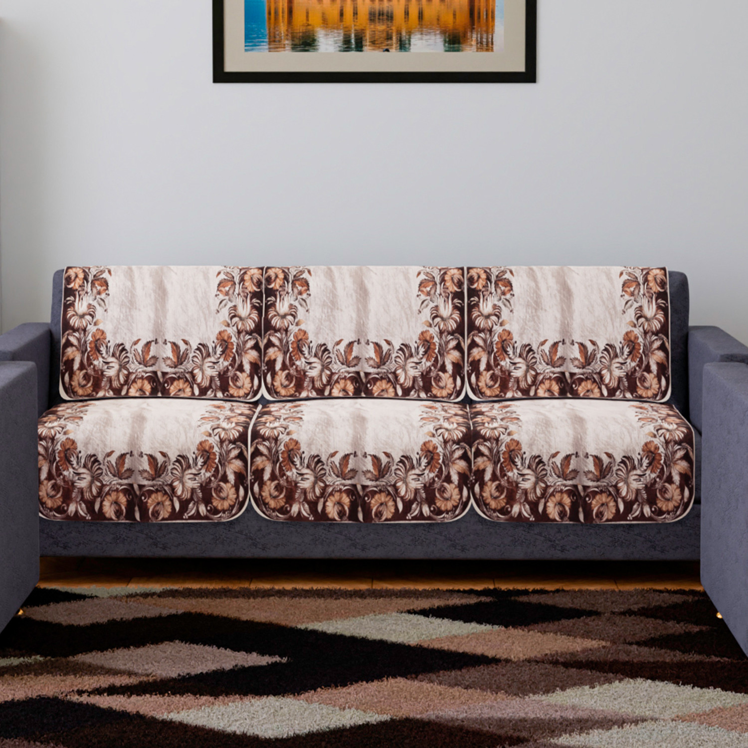 Kuber Industries Sofa Cover | 3 Seater Sofa Slip Cover Set | Brown Flower Sofa Cover | Velvet Couch Cover | Sofa Slipcover Set | Sofa Cover for Living Room | Cream