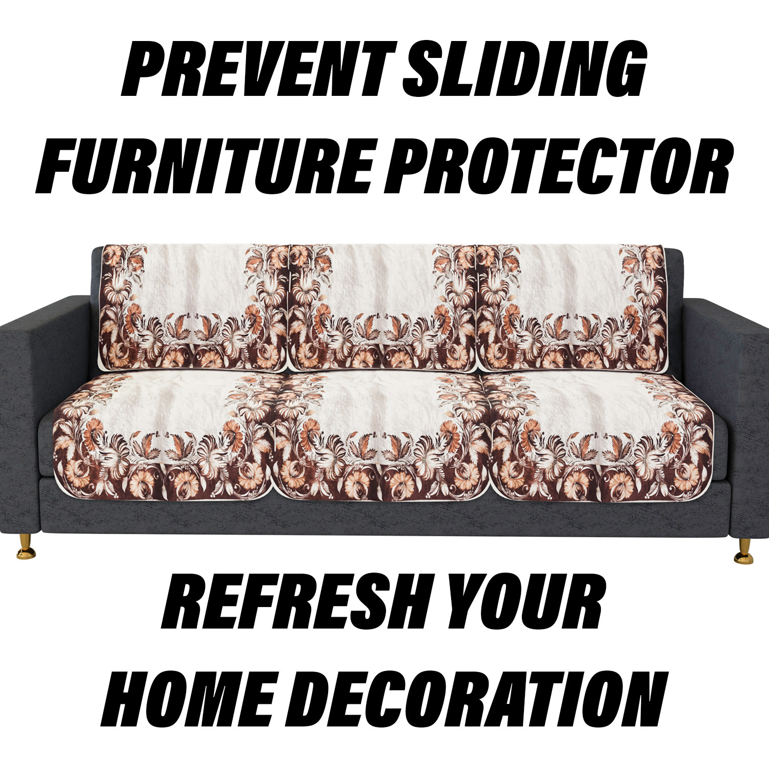 Kuber Industries Sofa Cover | 3 Seater Sofa Slip Cover Set | Brown Flower Sofa Cover | Velvet Couch Cover | Sofa Slipcover Set | Sofa Cover for Living Room | Cream