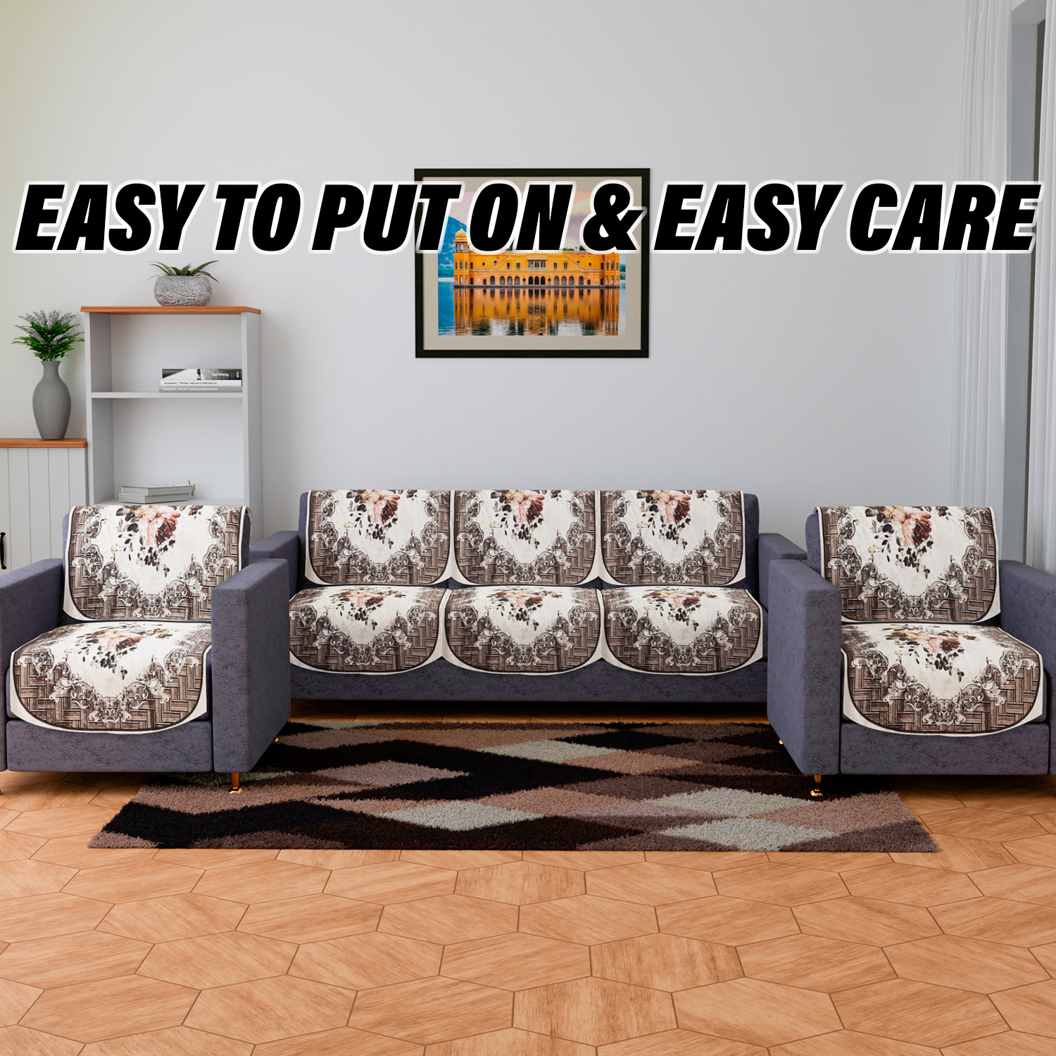 Kuber Industries Sofa Cover | 3 Seater Sofa Slip Cover Set | Check Border Sofa Cover | Velvet Couch Cover | Sofa Slipcover Set | Sofa Cover for Living Room | Brown
