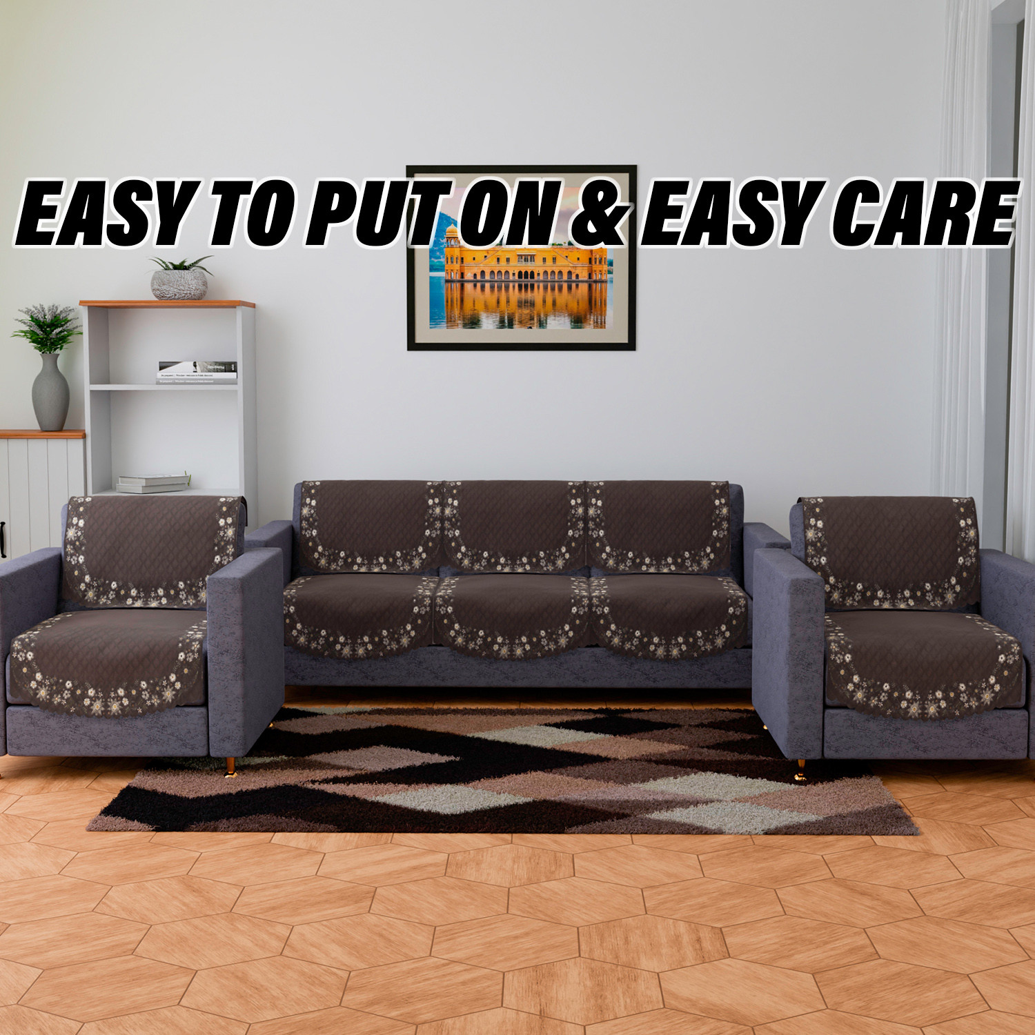 Kuber Industries Sofa Cover | 3 Seater Sofa Slip Cover Set | Digital Painting Sofa Cover | SUEDE Ultra Sonic Couch Cover | Sofa Slipcover Set Living Room | Brown