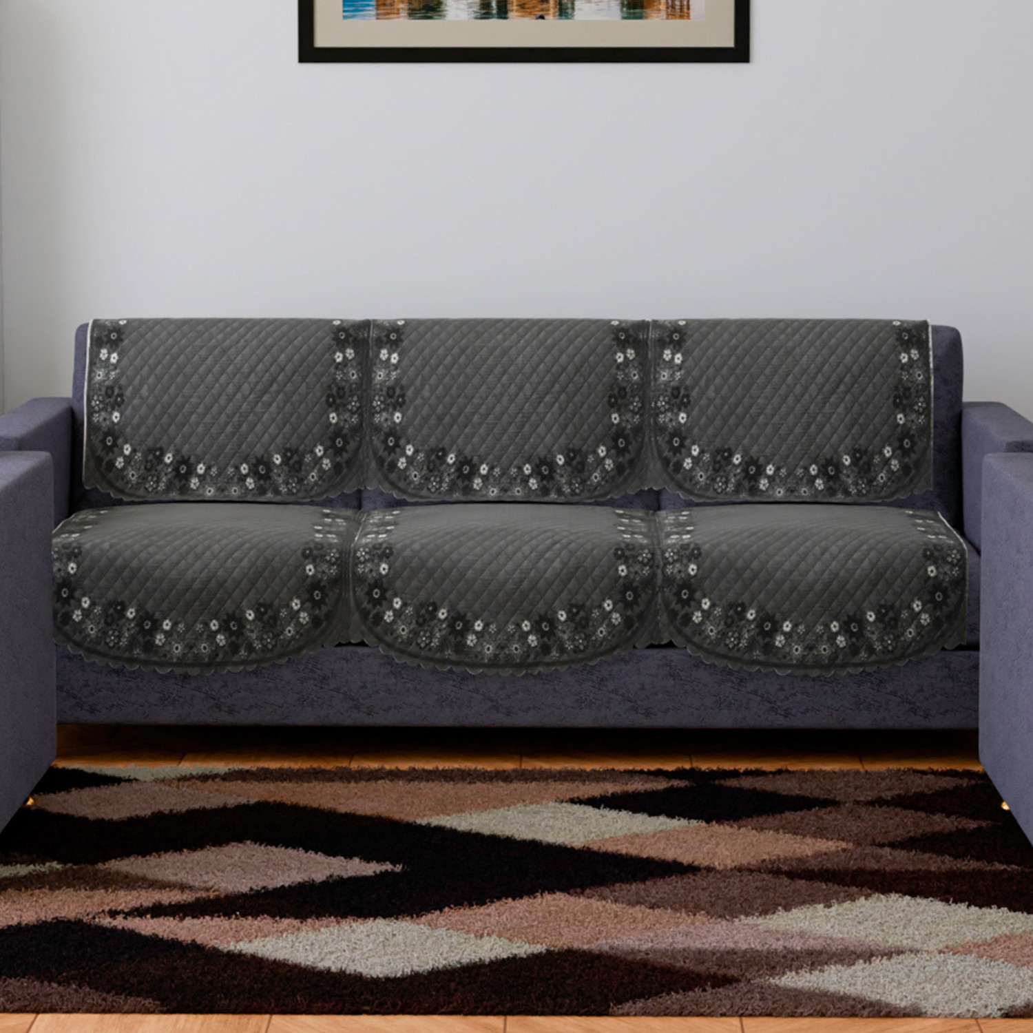Kuber Industries Sofa Cover | 3 Seater Sofa Slip Cover Set | Digital Painting Sofa Cover | SUEDE Ultra Sonic Couch Cover | Sofa Slipcover Set Living Room | Gray