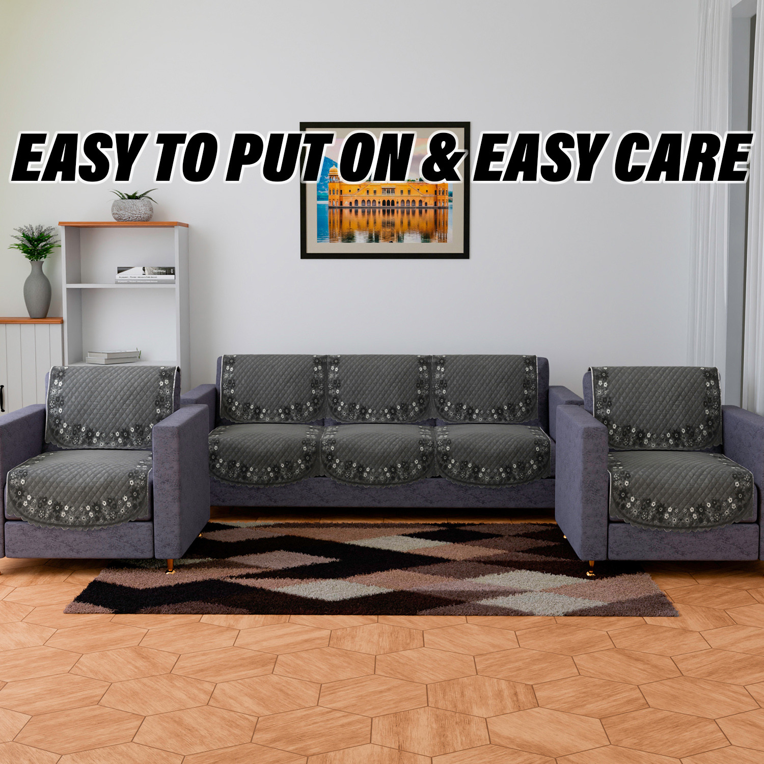 Kuber Industries Sofa Cover | 3 Seater Sofa Slip Cover Set | Digital Painting Sofa Cover | SUEDE Ultra Sonic Couch Cover | Sofa Slipcover Set Living Room | Gray