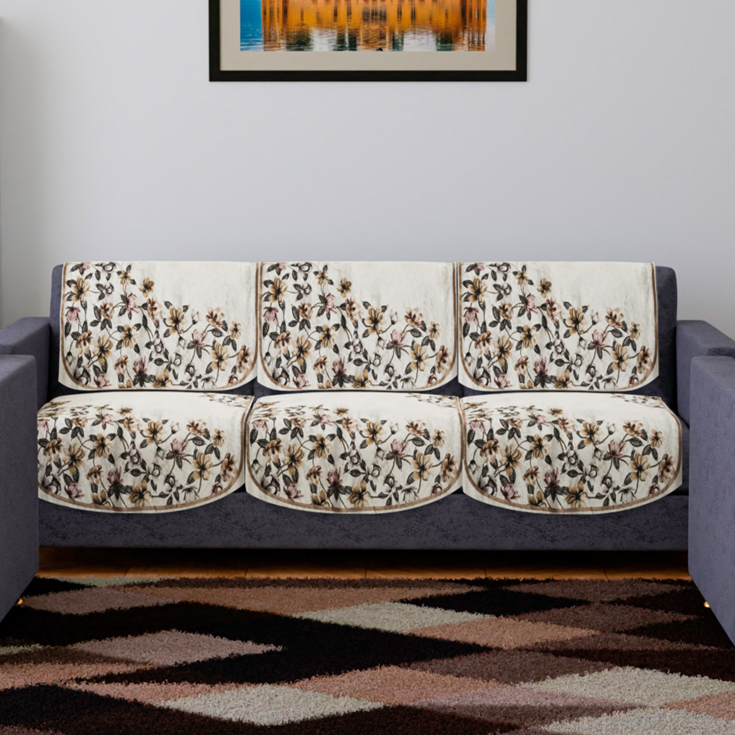 Kuber Industries Sofa Cover | 3 Seater Sofa Slip Cover Set | Side Flower Sofa Cover | Velvet Couch Cover | Sofa Slipcover Set | Sofa Cover for Living Room | Cream