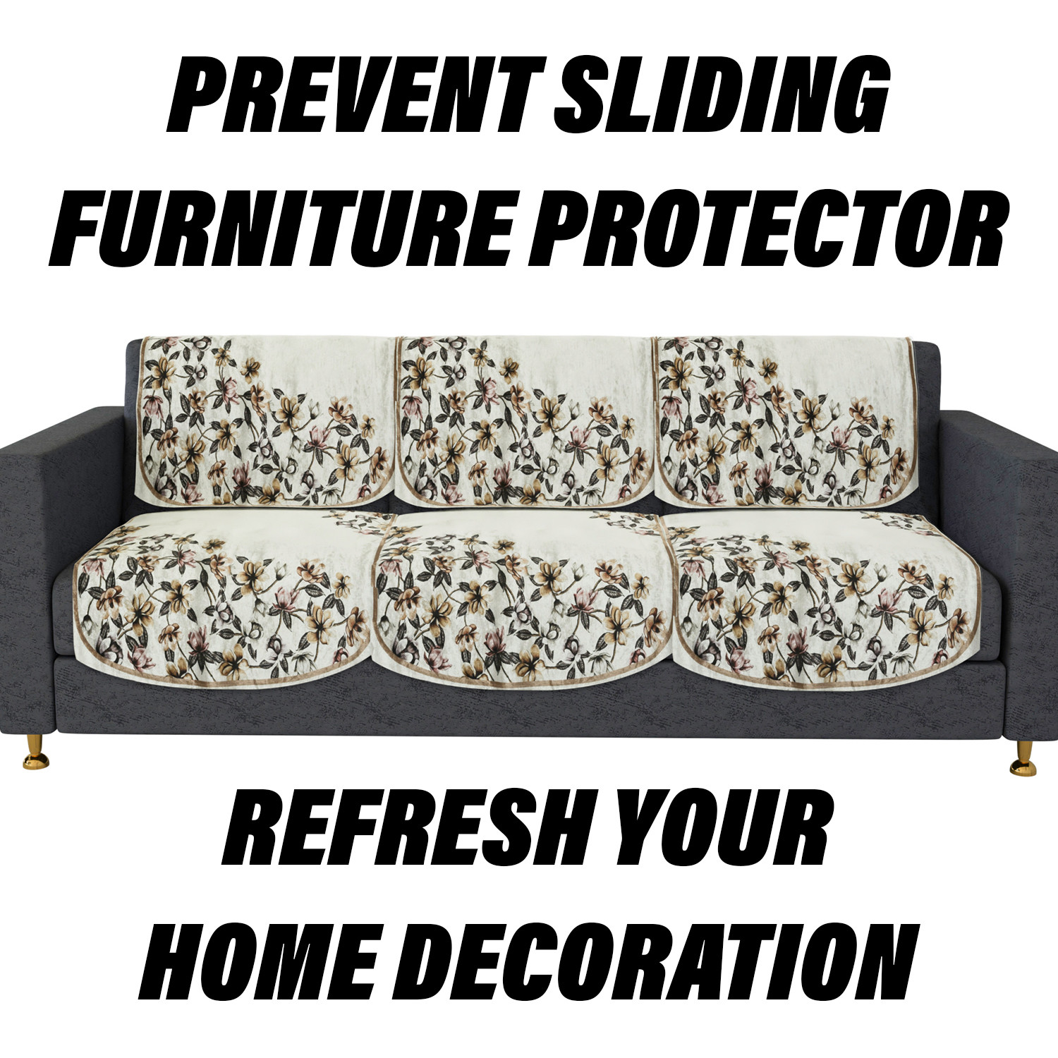 Kuber Industries Sofa Cover | 3 Seater Sofa Slip Cover Set | Side Flower Sofa Cover | Velvet Couch Cover | Sofa Slipcover Set | Sofa Cover for Living Room | Cream