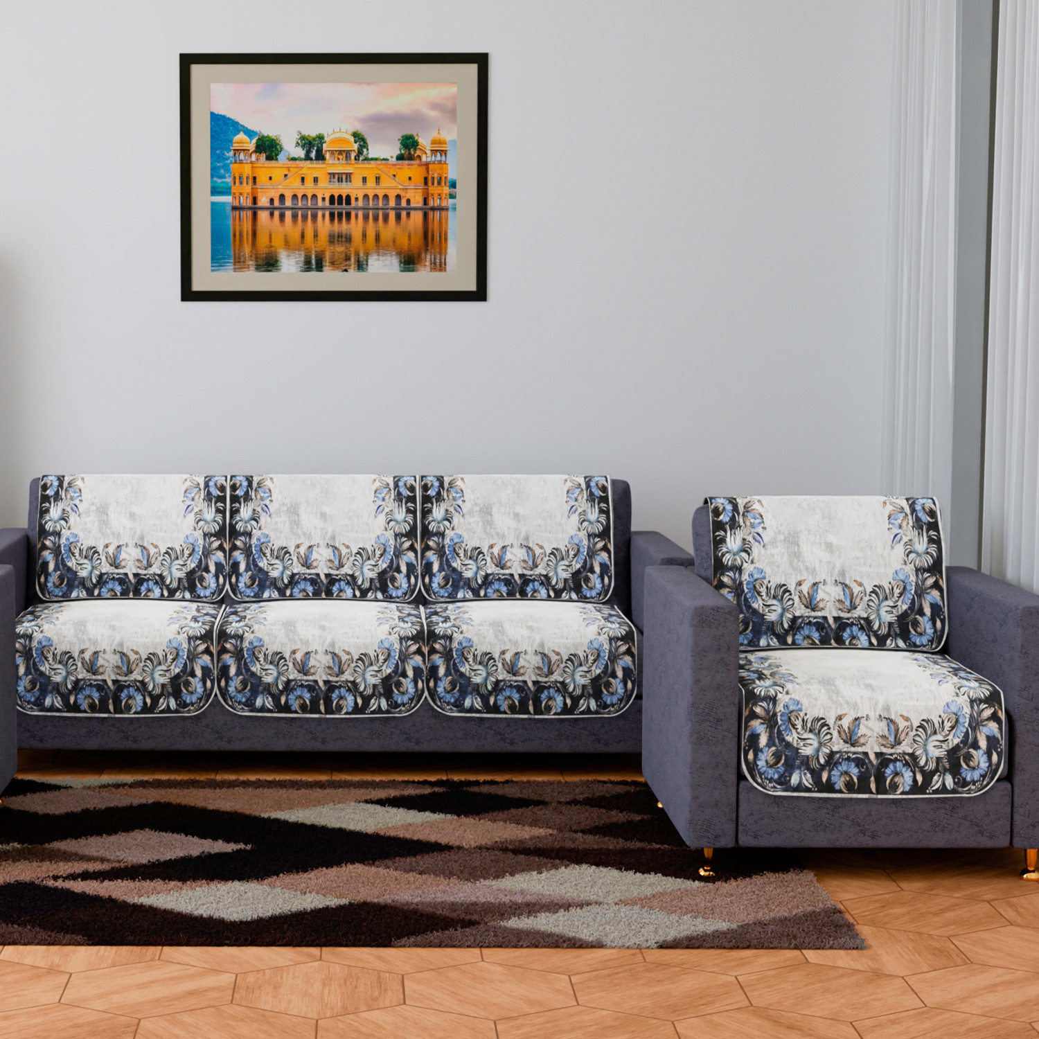 Kuber Industries Sofa Cover | 3+1 Seater Sofa Slip Cover Set | Blue Digital Flower Sofa Cover | Velvet Couch Cover | Sofa Slipcover Set | Sofa Cover for Living Room | Gray