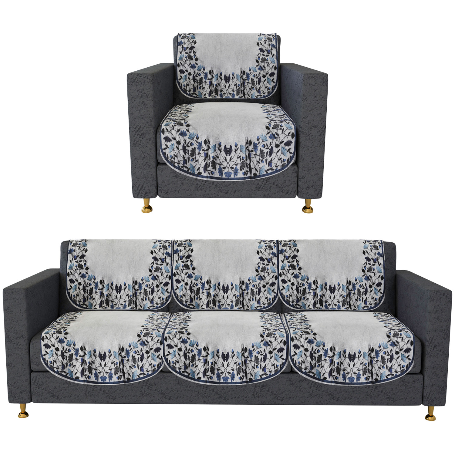 Kuber Industries Sofa Cover | 3+1 Seater Sofa Slip Cover Set | Blue Digital Leaf Sofa Cover | Velvet Couch Cover | Sofa Slipcover Set | Sofa Cover for Living Room | Gray